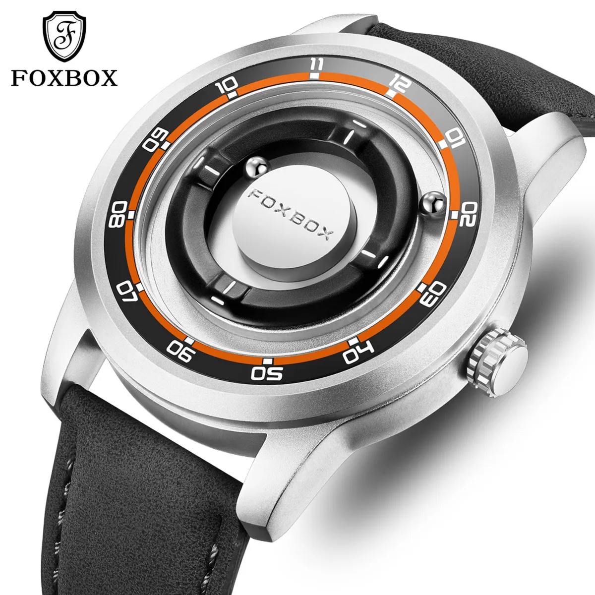 FOXBOX Orologio con azionamento magnetico Orologio da polso al quarzo impermeabile alla moda Puntatore a sfera in acciaio rotolante Orologi sportivi Orologio militare + scatola