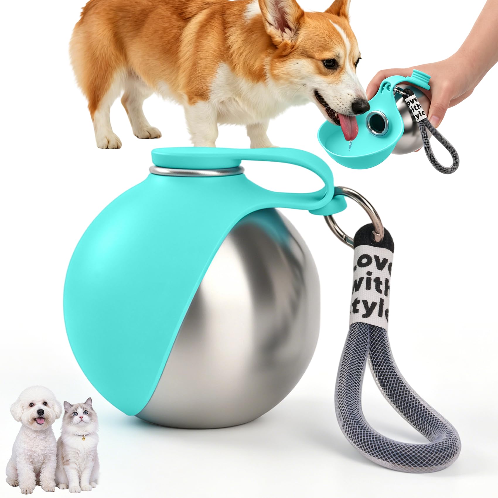 LTFIOON Borraccia per Cani Portatile, 285ml Bottiglia in Acciaio Inox per Cani, Borraccia Anti-perdite con Ciotola Pieghevole in Silicone, Borraccia da Viaggio per Dog per Passegg…