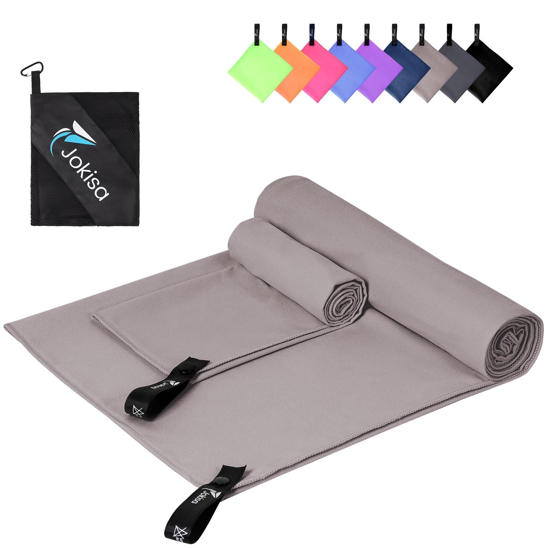 Jokisa Asciugamano Microfibra Set di 2 - Telo Mare Microfibra 180X90CM + Asciugamani Palestra 80X40CM, Asciugamani Microfibra per Esterno Sauna Spiaggia Escursioni (Grigio Chiaro)