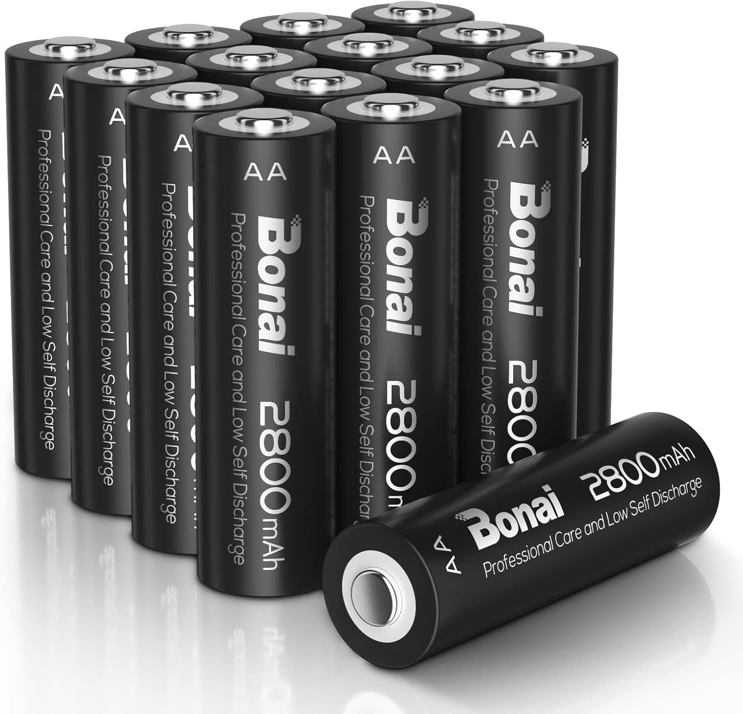 BONAI Pile Ricaricabili AA 2800mAh Confezione da 16 - Batterie Stilo Ni-MH ad Alta Capacità, 1200 Cicli, Scorta Famiglia per Fototrappole, Controller, Giocattoli e Torce