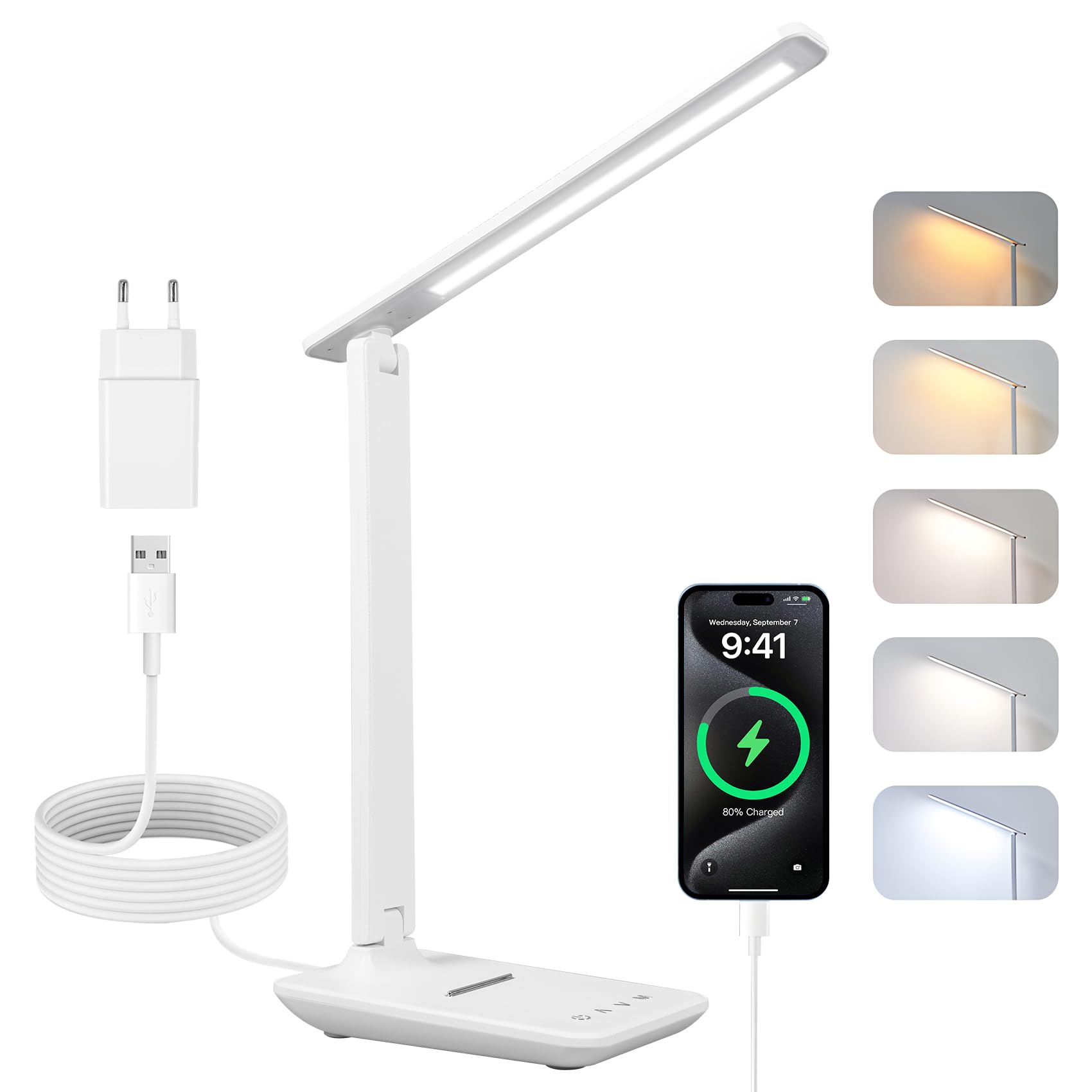 Carehabi Lampada Scrivania LED Dimmerabile, Supporto Telefono e Porta USB | 5 Colori e 5 Livelli, Lampada da Tavolo Touch con Memoria per Studio e Lettura, Bianca