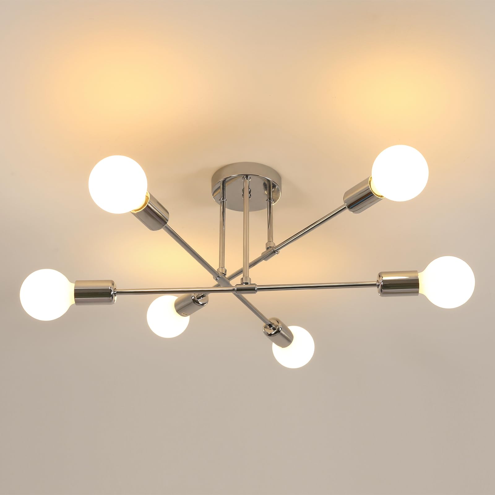 Goeco Lampadario da Soffitto Industrial Attacco E27 6 Luci 60CM Cromo | Plafoniera da Soffitto Industrial, Lampada da Soffitto in Metallo per Camera da Letto Soggiorno, (Senza Lam…
