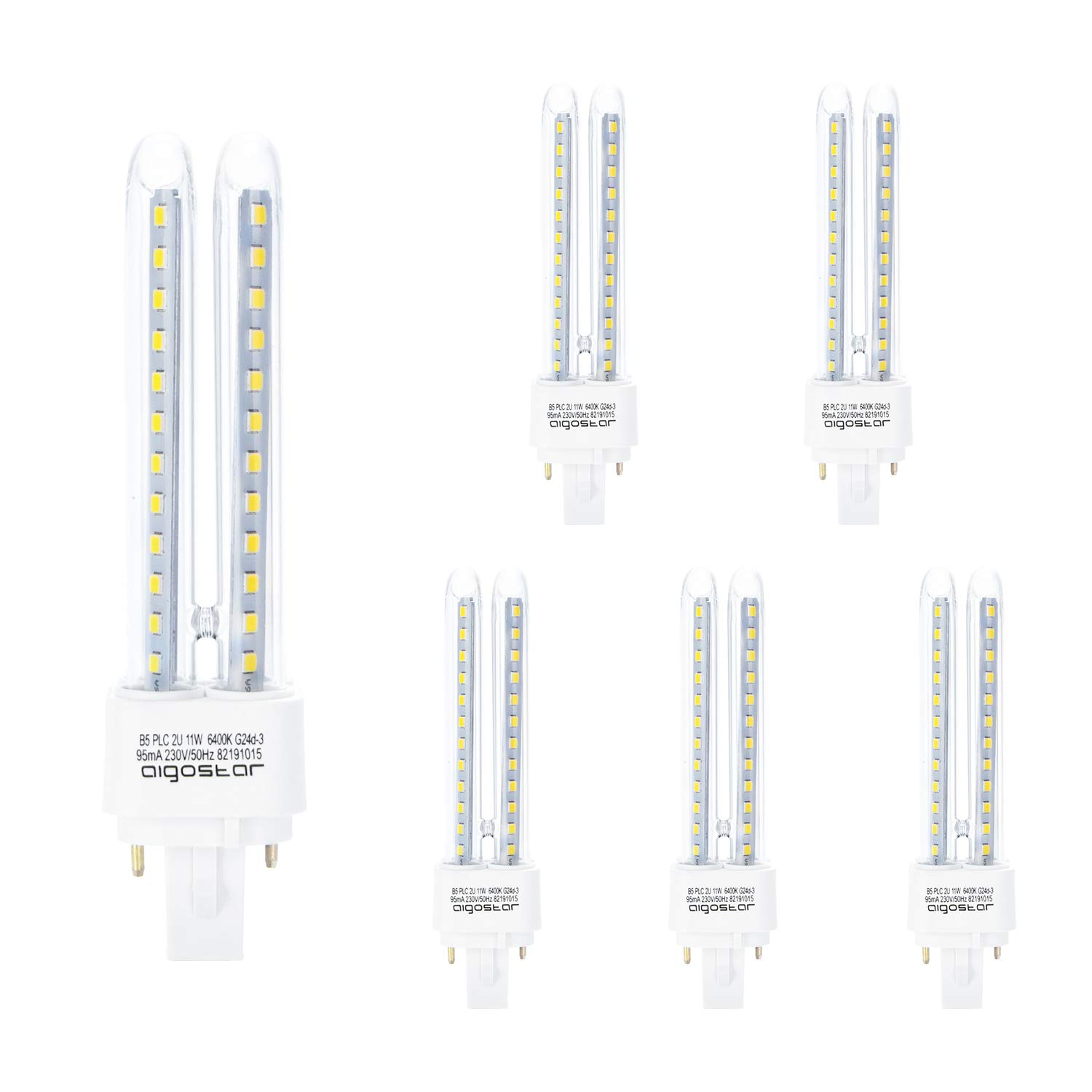 Aigostar Lampadina PLC LED G24d-3 11W, Luce Bianca Fredda 6500K 1070 Lumen,Angolo a Fascio 360°, Non Dimmerabile, Confezione da 5