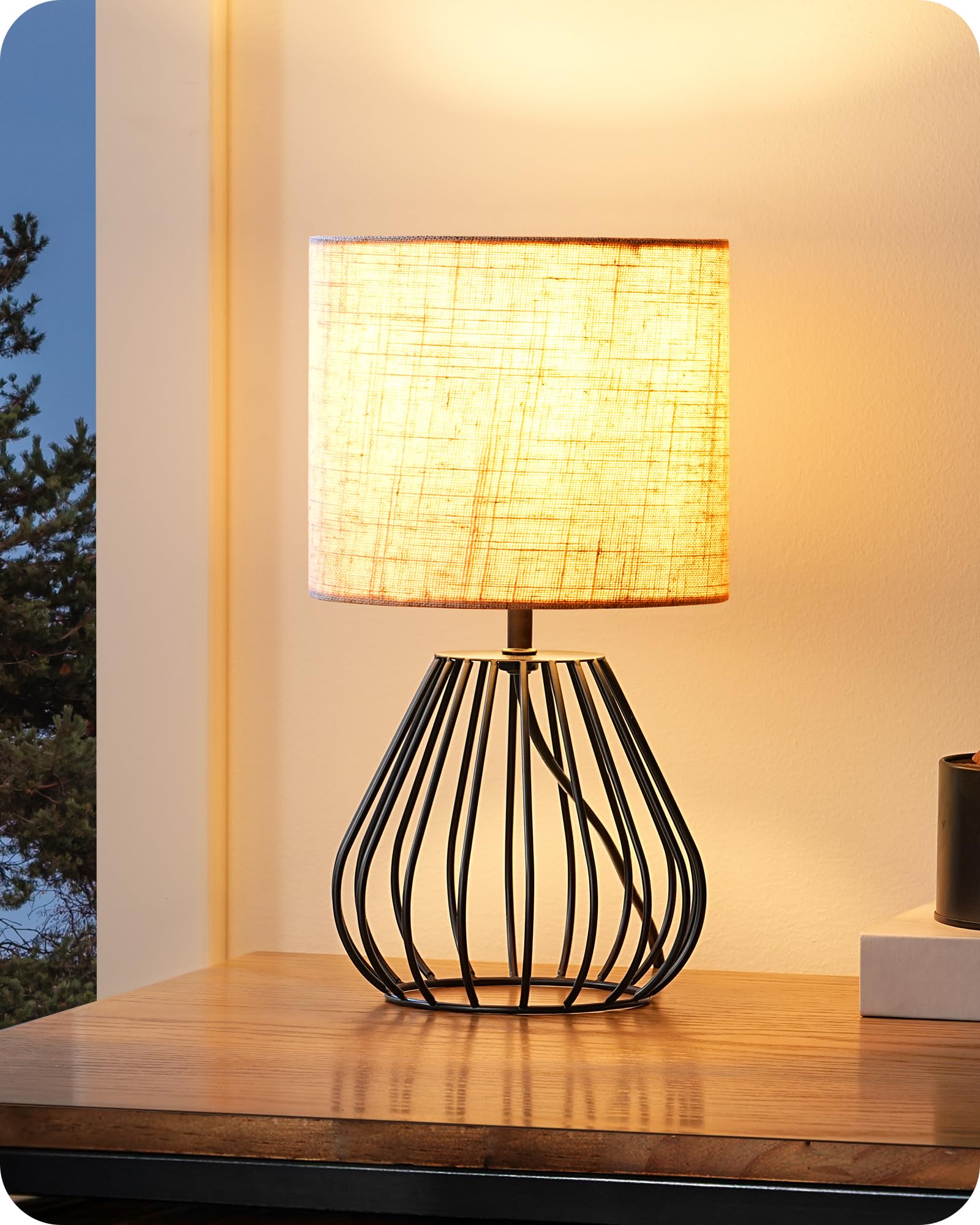 EDISHINE Lampada Tavolo Industriale, Base Metallo a Gabbia, Beige & Nero | Attacco E14, Bianco Caldo 2700 K, Paralume in Lino Vintage, Base in Metallo Nero per Camera, Soggiorno
