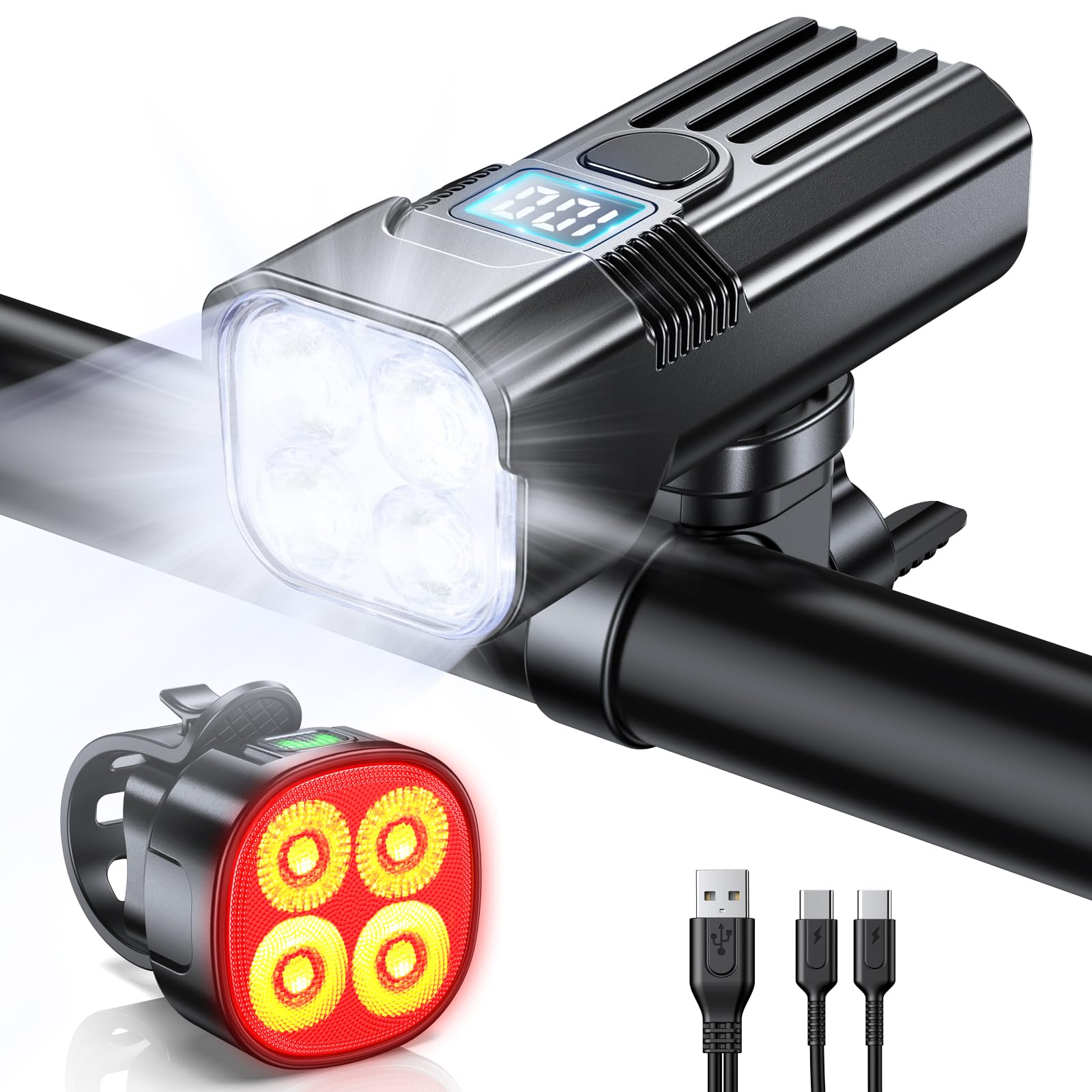 Mohard 2000LM Luci Bicicletta LED 3000mAh, USB Ricaricabile Luce Bici IP65 | Potenti Illuminazione Anteriore & Posteriore Schermo LED, Impermeabili Luci Casco Ciclismo 4+7 Modalit…