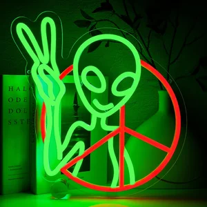 Insegna al Neon LED USB Dimmerabile a Forma di Mano Verde Aliena della Pace per Bar Hip Hop, Pub, Casa, Feste, Decorazione Camera da Letto, Luce Notturna, Regali