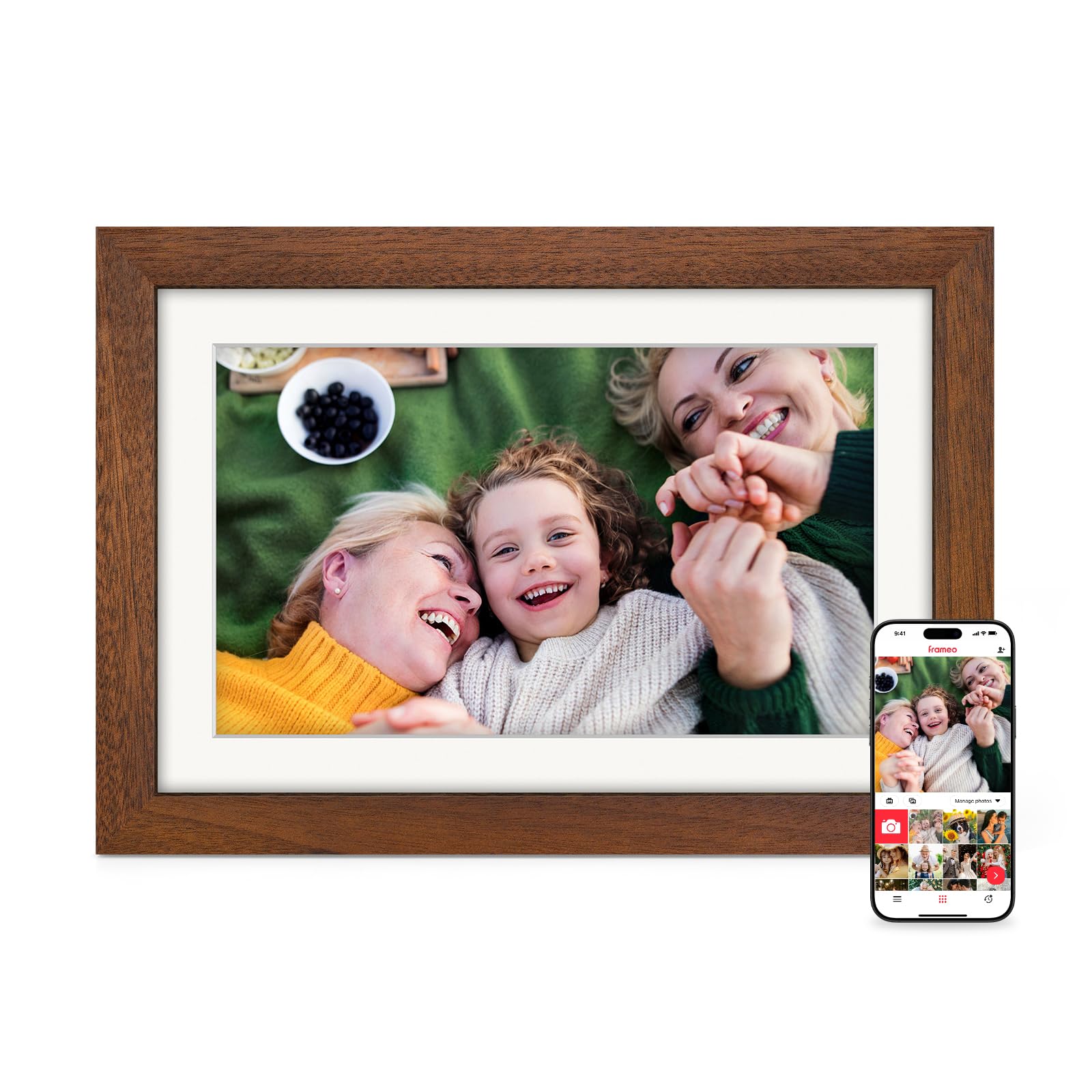 Frameo Cornice Digitale WiFi 10,1 Pollici 1280 x 800 HD IPS Touch Screen Memoria 32 GB Portafoto Digitale in Legno di Noce Rotazione Automatica Condividi Foto e Video con Frameo A…
