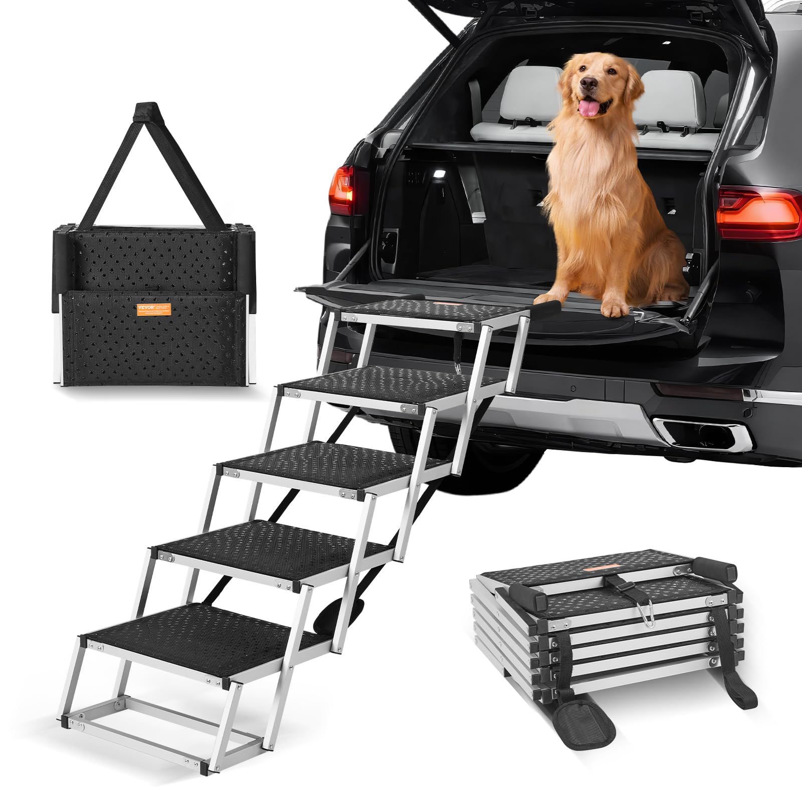 VEVOR Scala Gradini Larghi per Auto per Cani 5 Gradini, Rampa Pieghevole con Superficie Antiscivolo, Animali Domestici Gradini Portatili in Alluminio Leggero per SUV e Camion, Sup…
