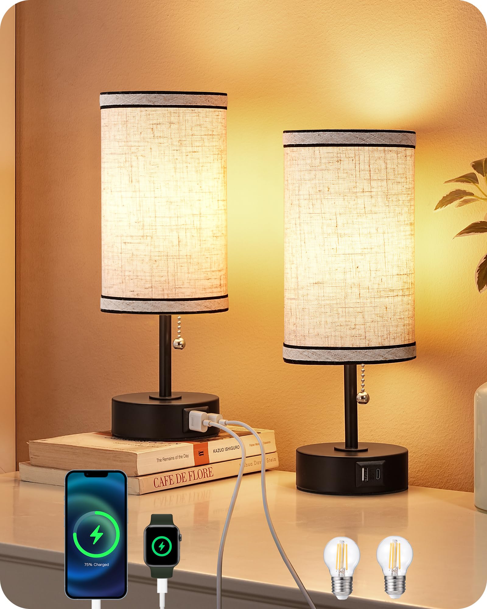 EDISHINE Lampade da Tavolo Moderne Set 2, Porte di Ricarica USB-A e USB-C | Interruttore a Cordino, Lampadine da 4W Incluse, E27, Lampade da Tavolo con Base in Metallo Nero per So…