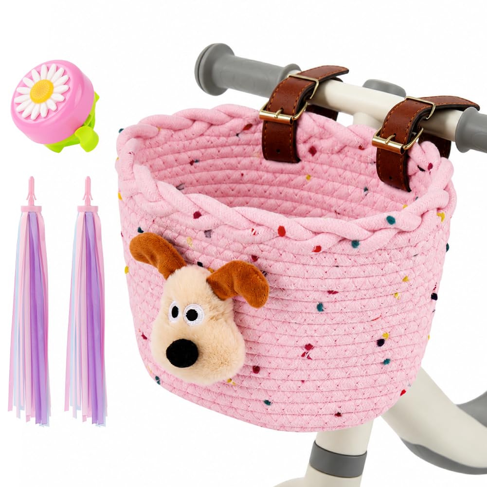 Adiwo Cestino per bicicletta in corda di cotone con cinghie in pelle, Cestino Monopattino facile da installare leggero e decorativo, Rosa
