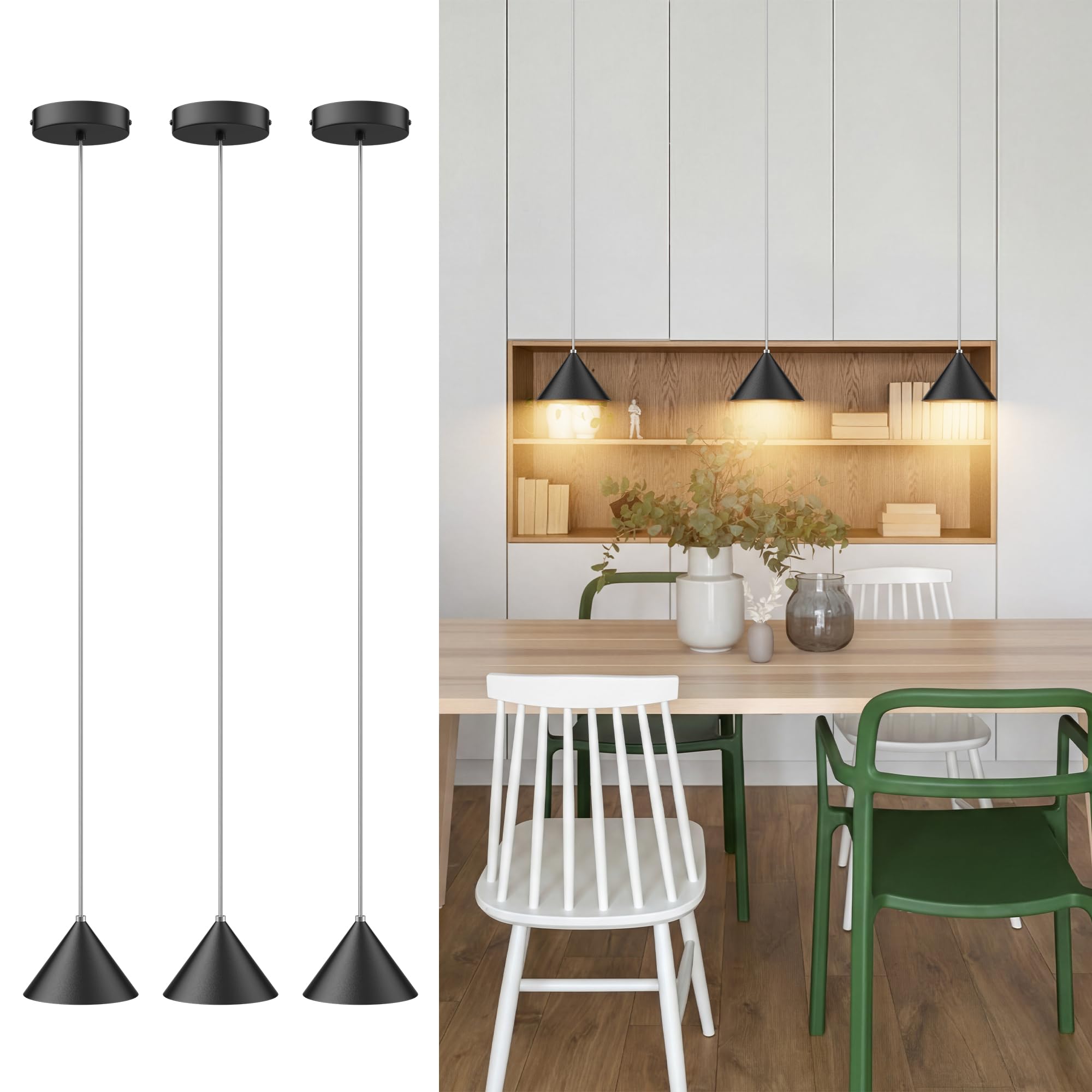 lundwa 3 Pezzi Lampada a sospensione LED Moderne 12W Nero | Bianco caldo 3000K,800LM, Regolabile In Altezza , Alluminio Per Soggiorno Sala Da Pranzo Kitchen Comodino Camera da Let…