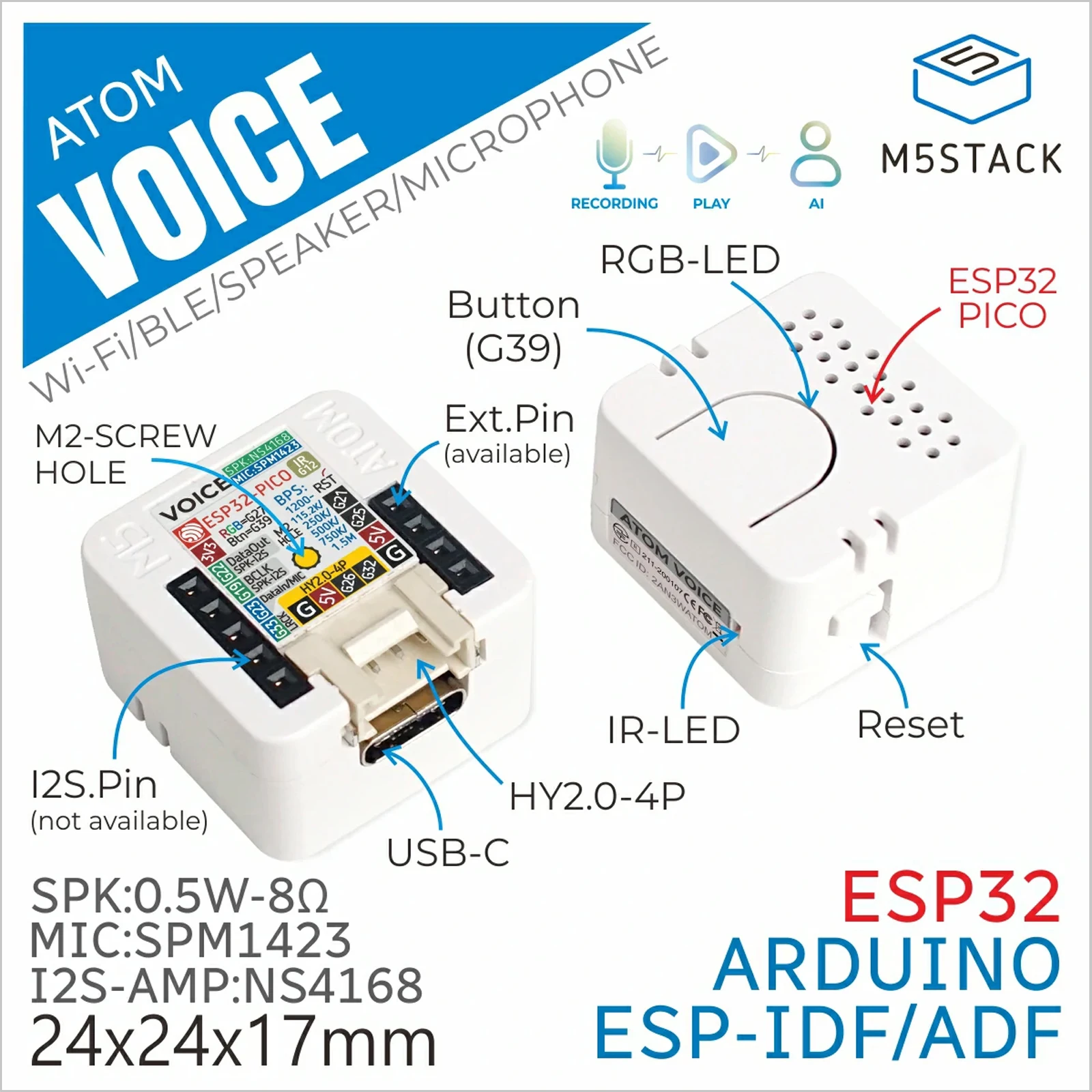 Kit di Sviluppo Ufficiale M5Stack ATOM Voice ESP32 per Altoparlanti Intelligenti