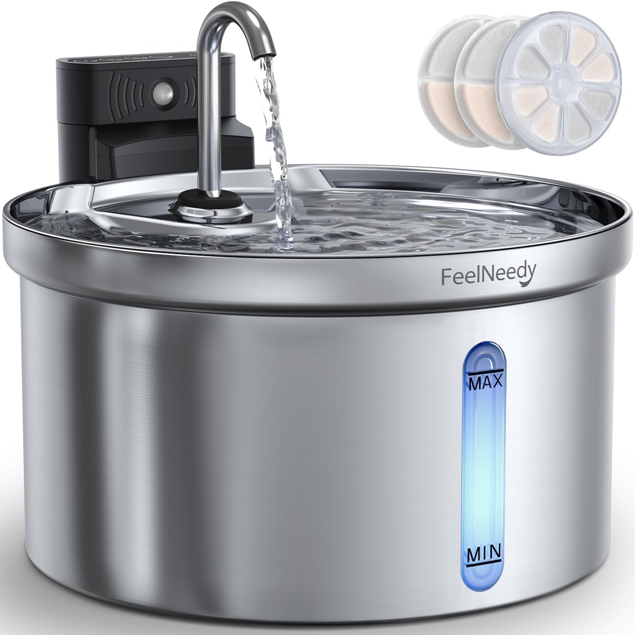 FEELNEEDY Fontanella per Gatti Senza Fili 3,5L-Acciaio con 3 filtri | a Batteria 4000mAh con Sensore di Movimento Fontana con Rubinetto Distributore di Acqua per Animali Domestici…
