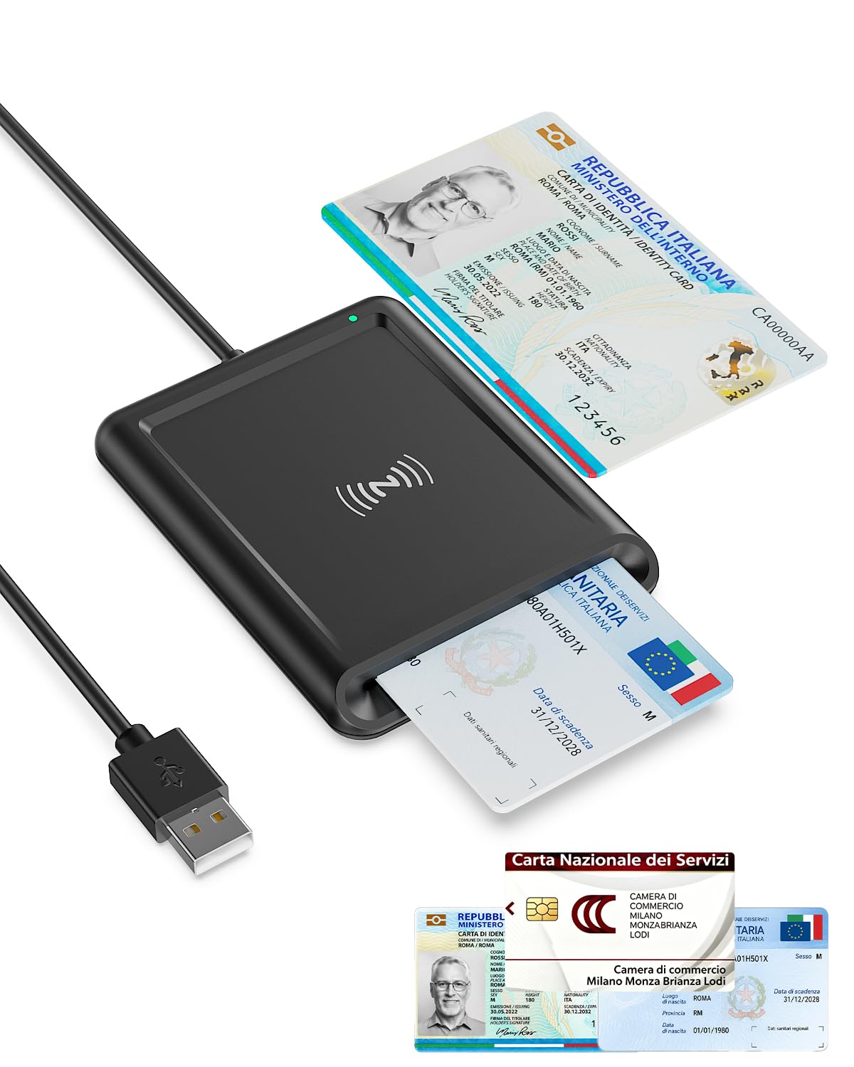 USB-A Lettore CIE 3.0 NFC Identita Elettronica e Tessera Sanitaria Italiana | Lettore Smart Card Firma Digitale per Contatto e Contactless CIE/CRS/CNS,Lettore Carta d'Identità con…