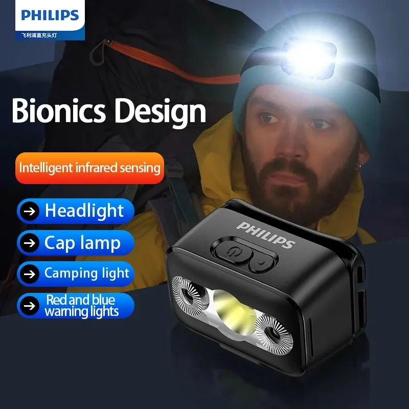 PHILIPS Lampada frontale a LED con sensore Torcia a testa Dieci tipi di illuminazione Faro ricaricabile di tipo C Lanterna da pesca da campeggio esterna