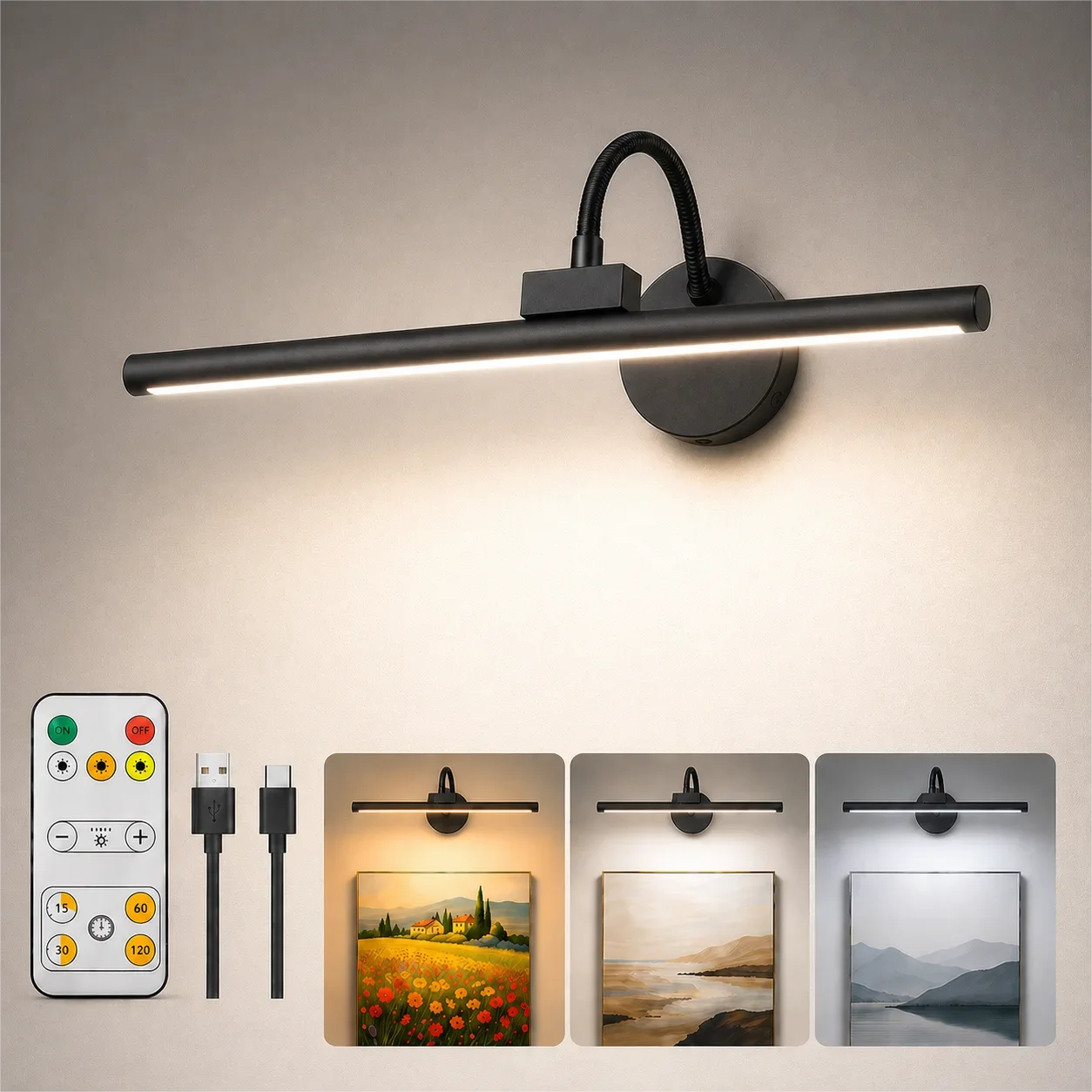 Lampada LED Wireless per Quadri con Telecomando, 360° ° Lampada da Parete Magnetica Regolabile, Ricaricabile USB, Illuminazione Dimmerabile a 3 Colori