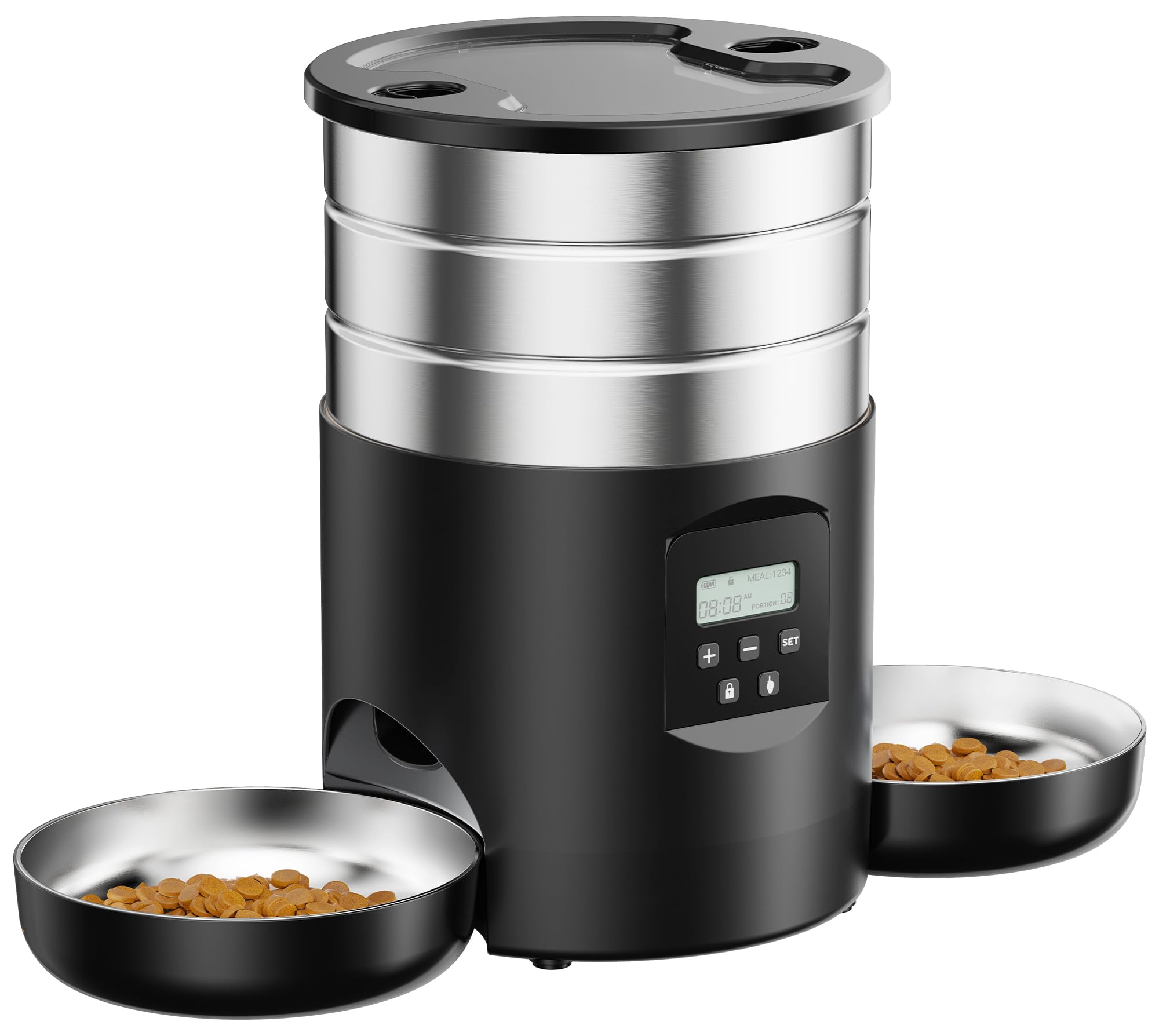 Distributore Automatico Cibo Gatti Doppio: Dispenser Crocchette Gatto Acciai Inossidabili - Erogatore Cibo Cani con Timer Programmabile - 5L Dosatore Crocchette - Mangiatoia Autom…