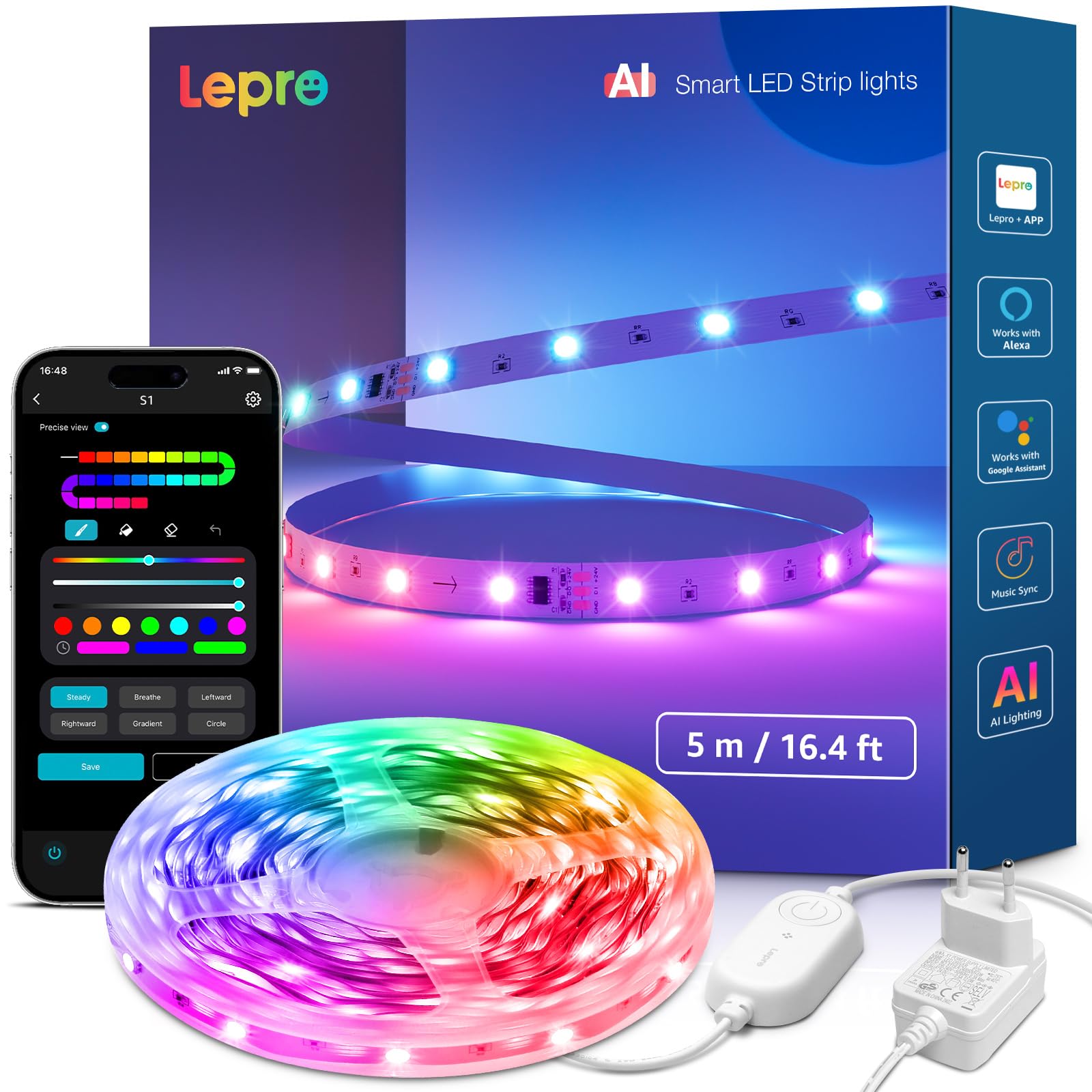 Lepro S1 AI Striscia LED 5 Metri,Smart LED Striscia RGBIC,Luci LED Camera da Letto,Strisce LED Funziona con Alexa/Google Assistant,Segmento di Colore DIY,Progettista Illuminazione…