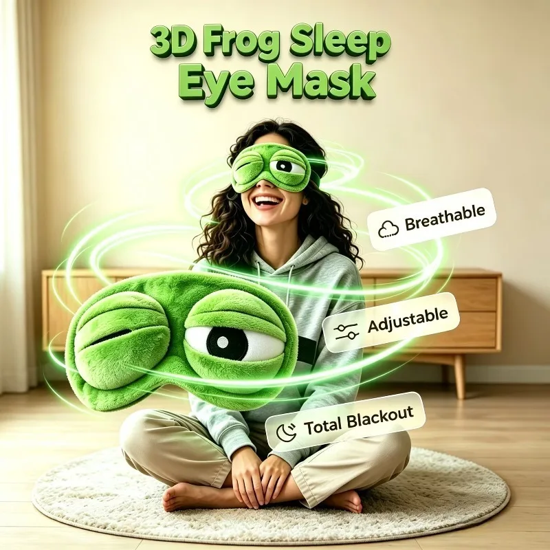 Divertente Maschera per Dormire a Forma di Rana 3D, Super Morbida in Peluche, Regolabile, Ombreggiante, Portatile, per Viaggi, Pisoline, Bambini e Adulti