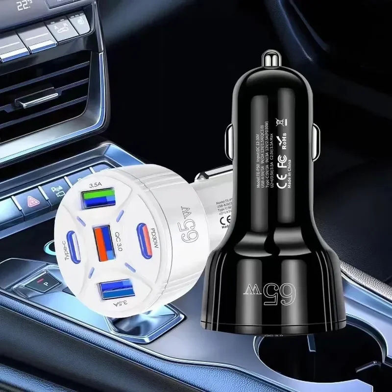 Caricabatterie da auto a ricarica rapida da 65W ad alta corrente con 3 porte USB e 2 porte PD