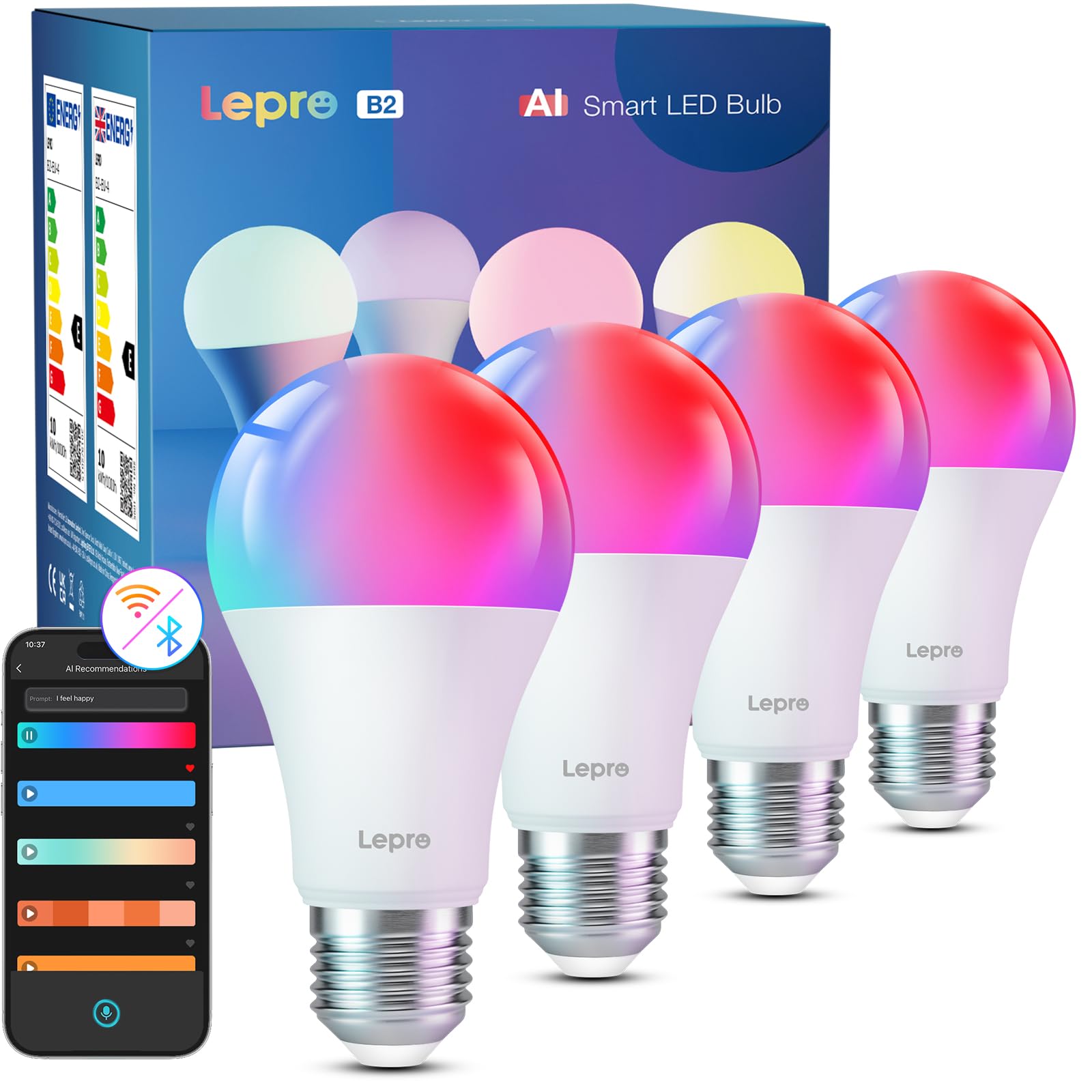 Lepro B2 AI Lampadina Smart E27, 1100LM RGB&Luce Bianca Regolabile, 4pcs | Progettista Illuminazione AI Personalizzato, Funziona con Alexa/Google Assistant, Connessione Wi-Fi/Blue…