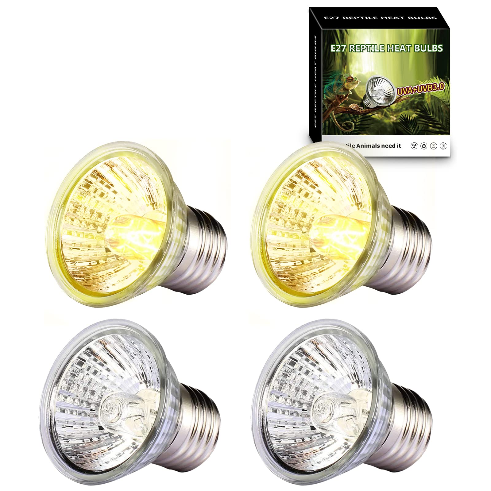 PewinGo 50W*4 Lampadine Tartarughe, Lampadine Rettile e Anfibio per Lampada Calore, E27 UVA UVB per Tartaruga, Serpente, Lucertola, Camaleonte ECC