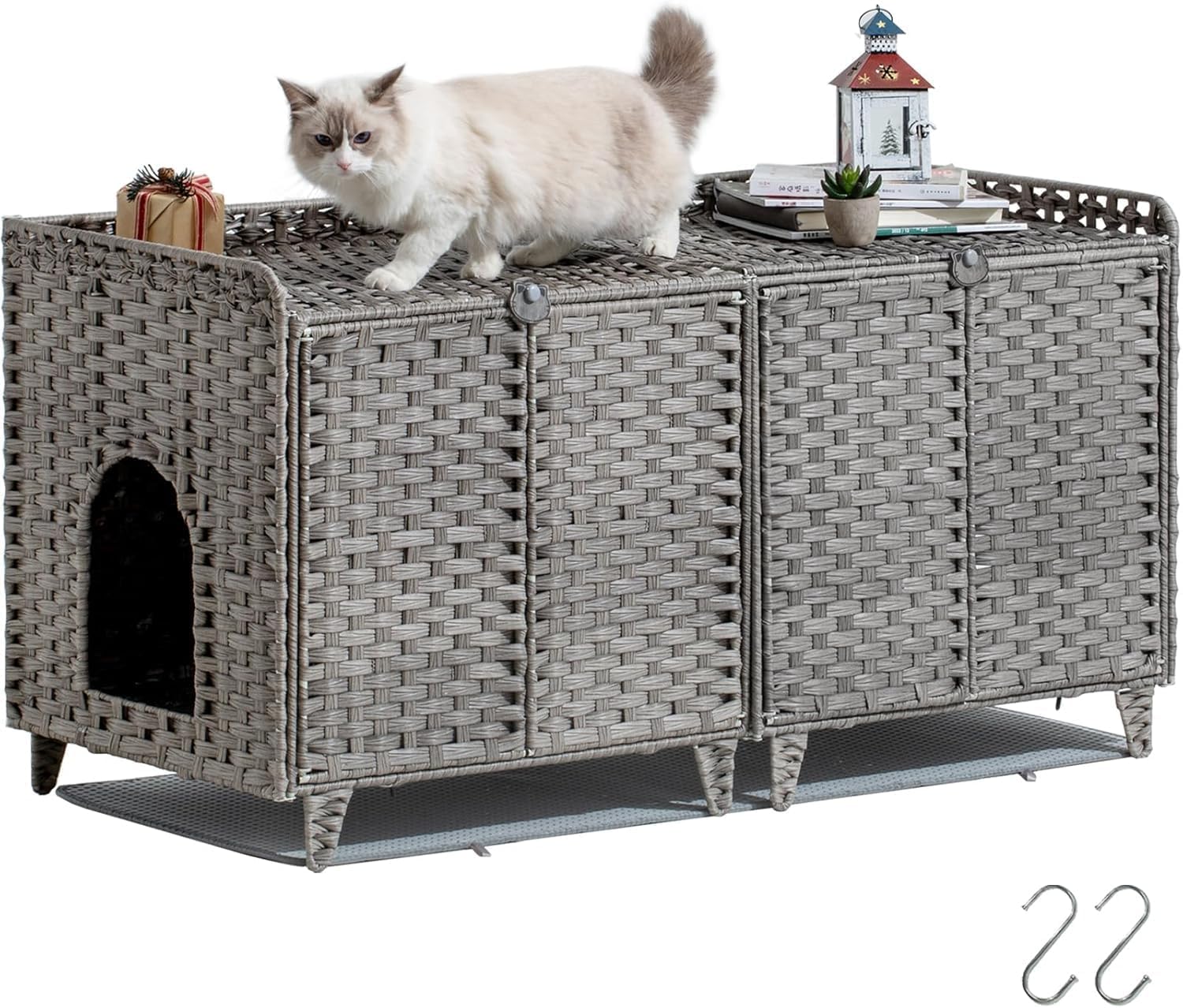 Garvee Mobiletto Copri Lettiera per Gatti in Rattan per 2 Lettierine, Grigio
