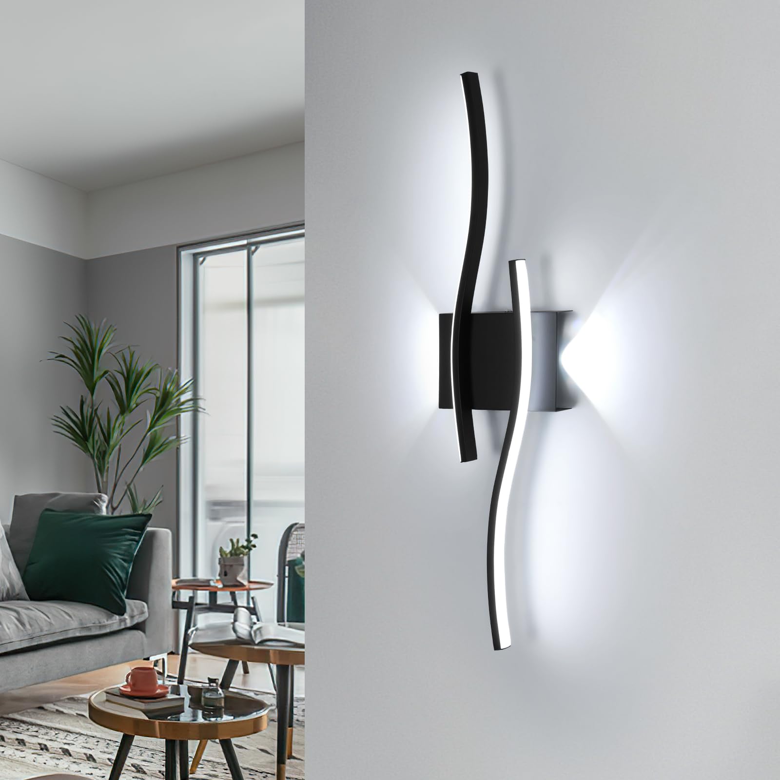 Comely Applique da Parete LED, 20W 2250LM Creativa Linea Lampada da Parete | 60CM Lampada a Muro Nero per Soggiorno Camera da Letto Corridoio, Luce Fredda 6500K
