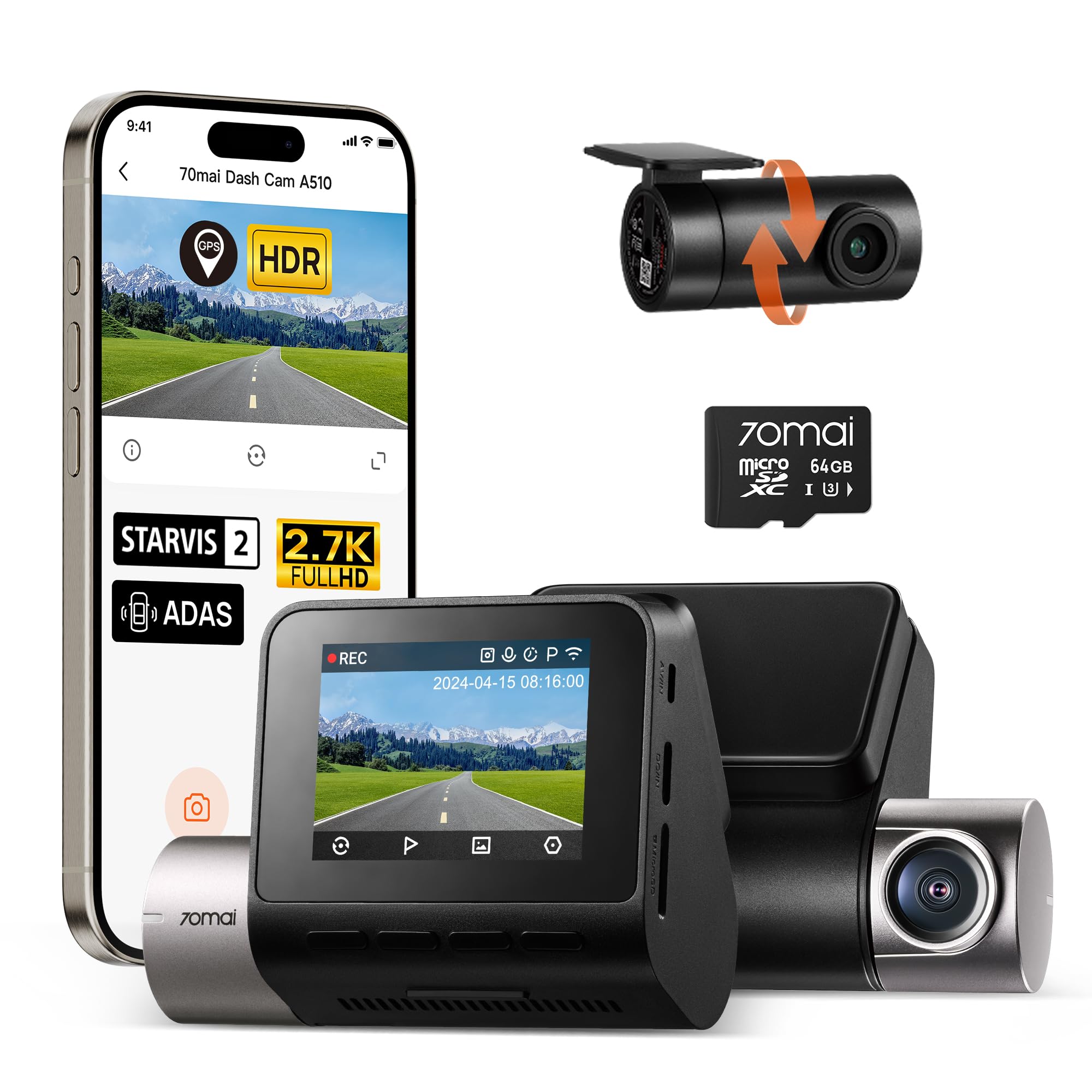 70mai Dash Cam Auto A510 con Scheda SD da 64GB, 1944P Doppio Dashcam GPS | Visione Notturna, Registrazione in Loop, Monitoraggio Parcheggio 24/7, Controllo App, Massimo 256GB