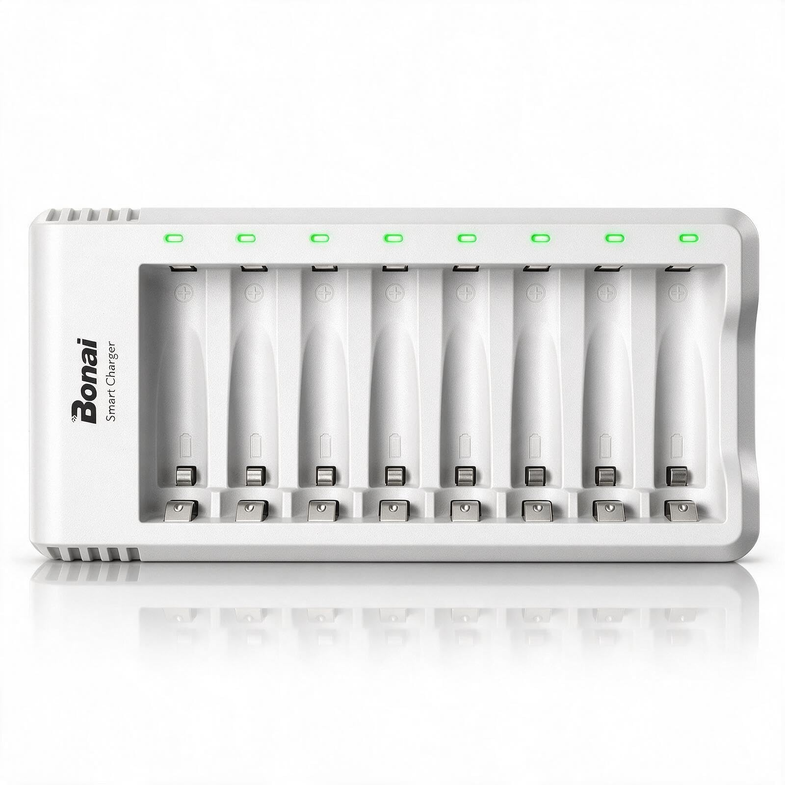 BONAI Caricabatterie Pile Ricaricabili AA AAA con Indicatori LED, Carica Batterie 8 Slot Indipendenti per Ni-MH, Caricatore Intelligente con Ingresso USB per Pile Stilo e Ministilo