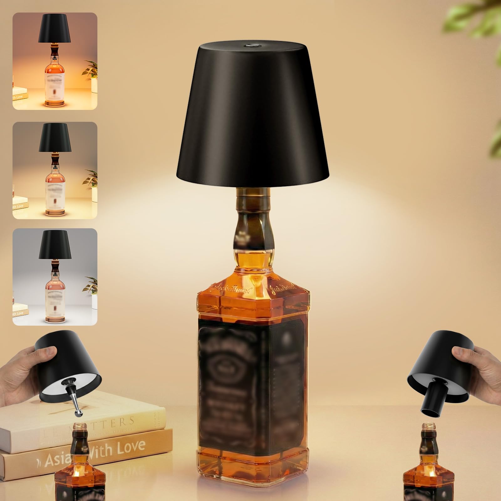 UPXNBOR Lampada per Bottiglia, Lampada da Tavolo Senza Fili in Metallo | Abat-jour LED Ricaricabile per Interno Esterno, 3 Temperature Colore, Dimmerazione Continua, IP54, Corpo i…