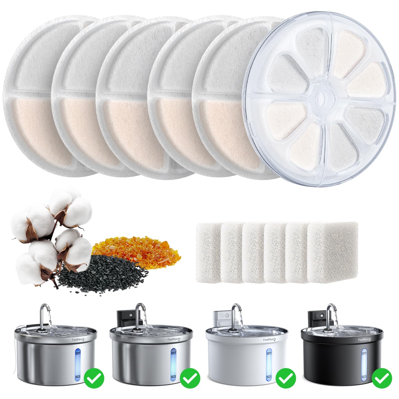 FEELNEEDY 6 Pezzi Filtri+1 ABS Guscio+6 Pezzi Spugne a Pompa d'Acqua | per Fontanella per gatti 3,5L(FN-W08L/W08)
