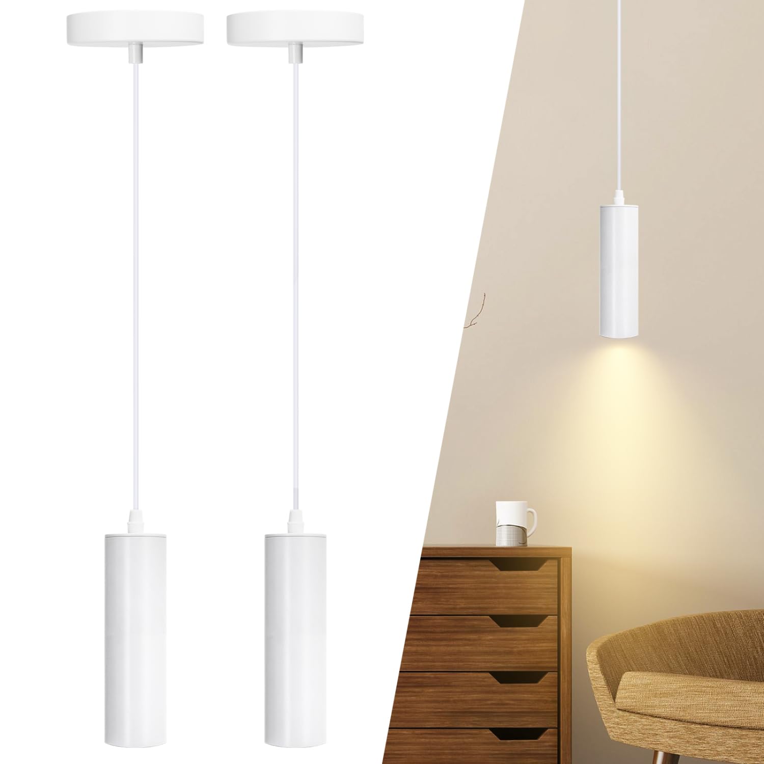 Aigostar Sospensione bianca, sospensione in ferro. Moderna plafoniera cilindrica. Compatibile con GU10. Confezione da 2, senza lampadina.