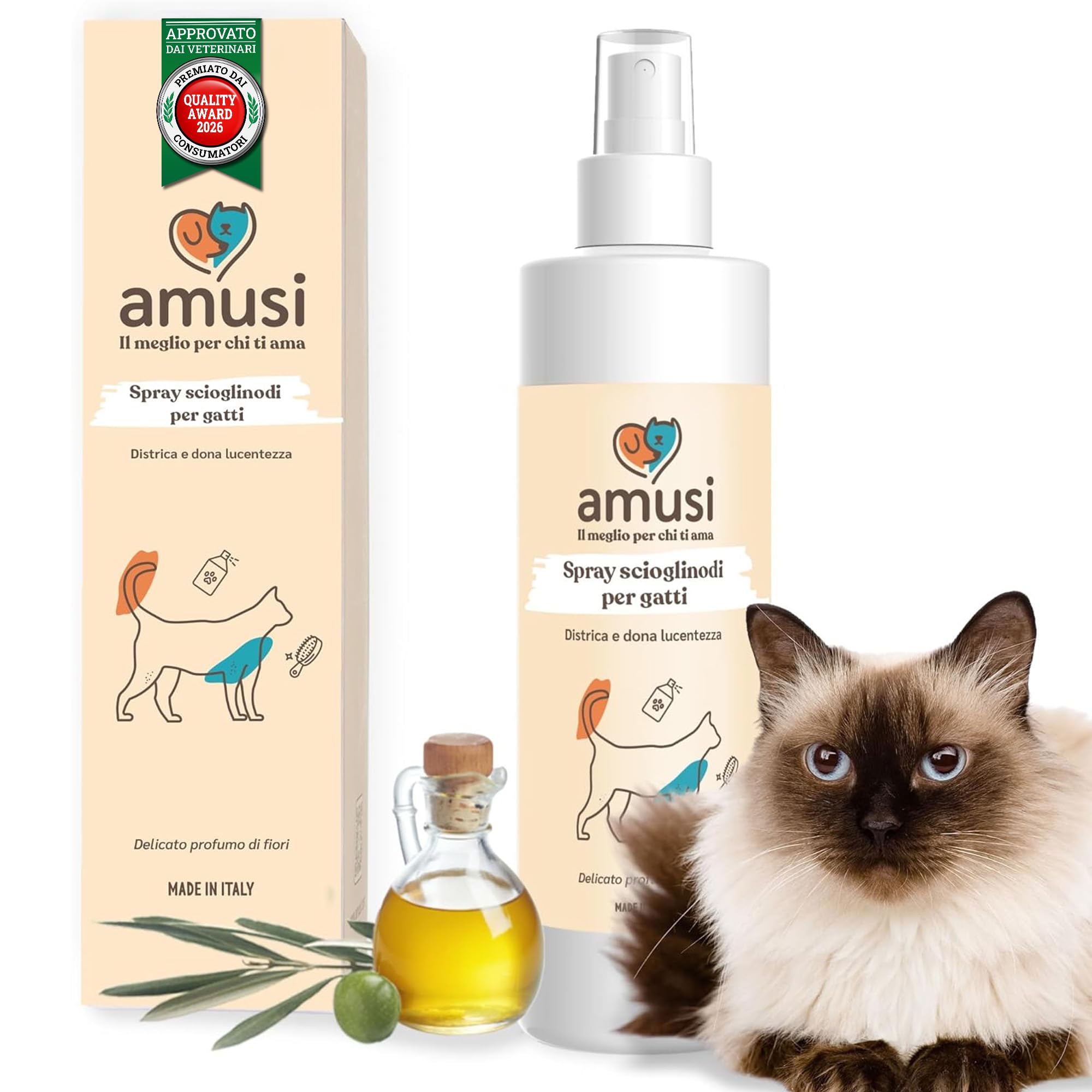 amusi Spray Sciogli Nodi per Gatti 250 ml 100% Naturale e Vegano - Sciogli Nodi Gatto Districante - Rende il Pelo morbido e lucente - Non necessita di Risciacquo e Profuma. Sciogl…