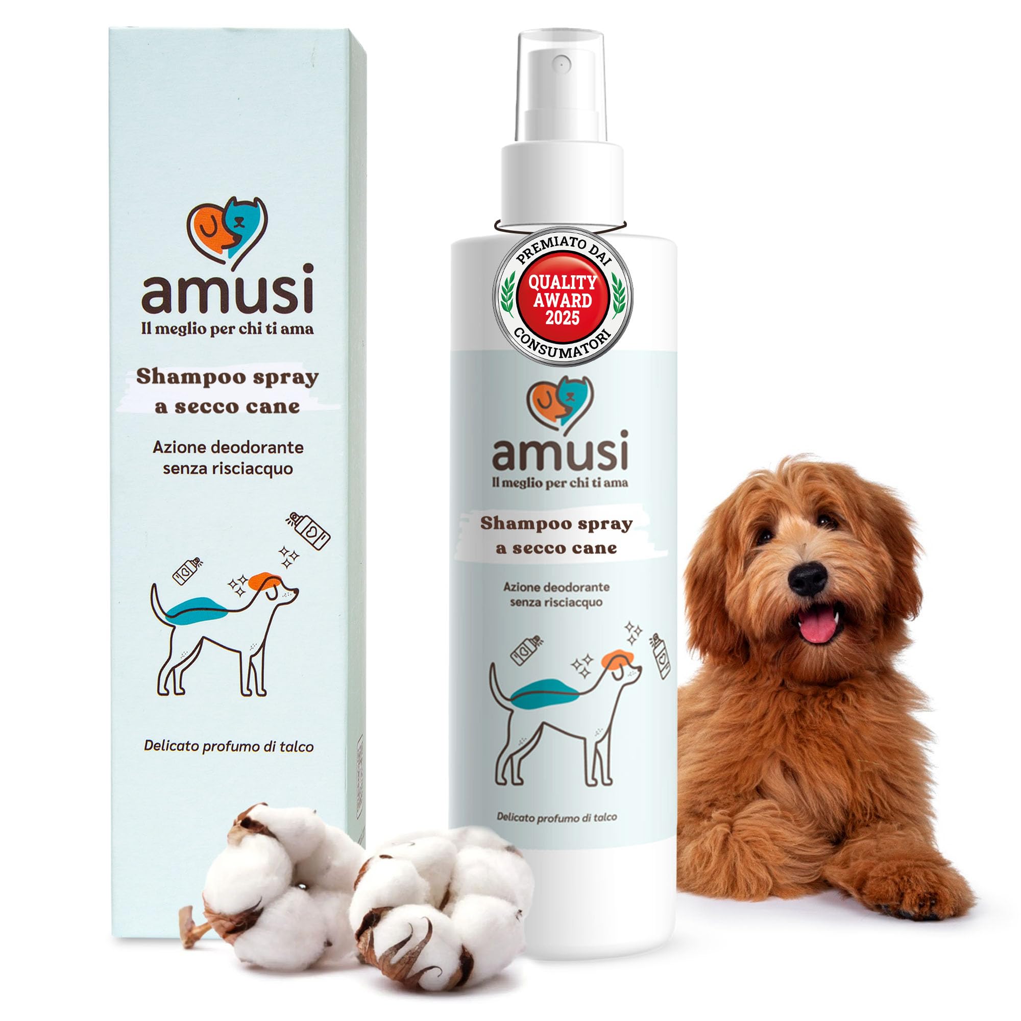 amusi Shampoo Secco per Cani 250ml Antiodore, Made in Italy 100% Naturale e Vegano | Shampoo Cane Spray Senza Risciacquo, Shampoo Per Cani Profumato Ipoallergenico, Balsamo Cani P…