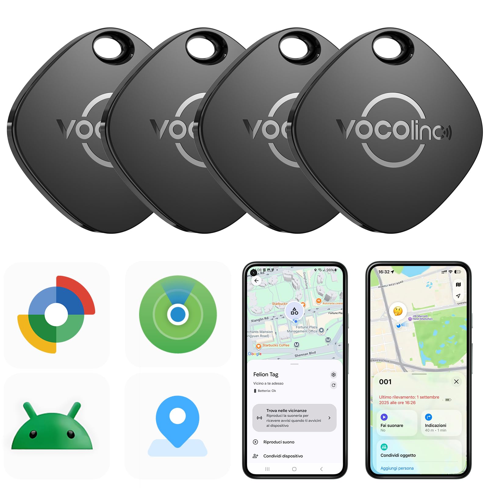 VOCOlinc Smart Tag Tracker Compatibile con Android Google Funzioni Trova o iOS Apple Dov'è App, Bluetooth Localizzatore Trova Oggetti per Chiavi/Portafoglio/Bagaglio/Zaino Borsa,…