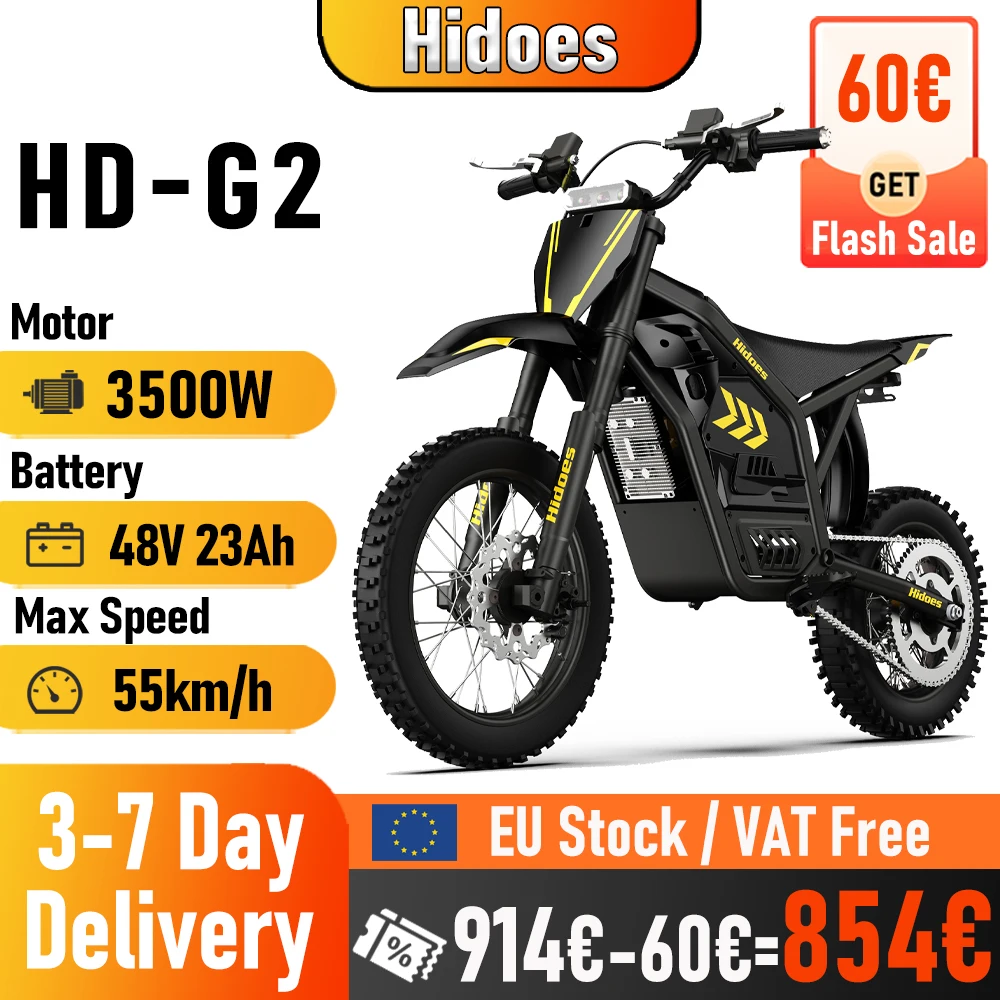 Hidoes G2 Moto Elettrica da Fuoristrada 3500W 48V 23AH, Motocicletta Elettrica con Pneumatici Fat da 12/14" per Adolescenti e Bambini