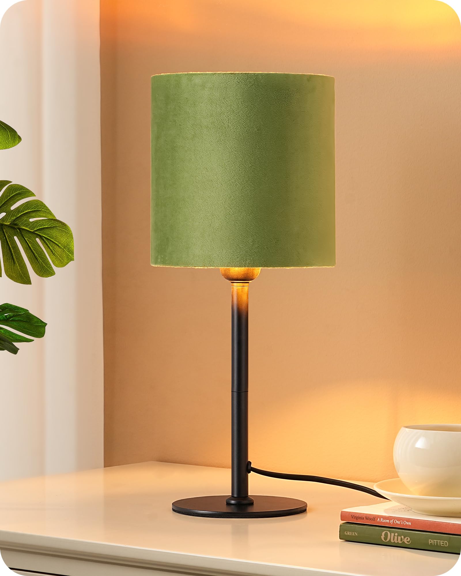 EDISHINE Lampada da Comodino, Paralume in Velluto, Base Metallo, Verde | Attacco E27, Bianco Caldo 2700 K, Lampadina LED 4 W Inclusa, per Soggiorno, Camera e Ufficio, 38 cm