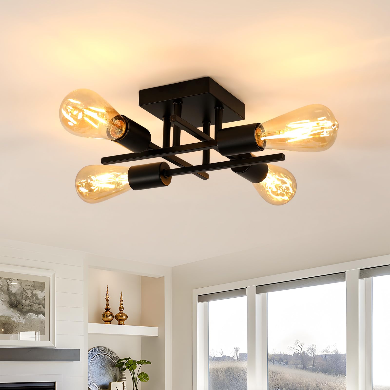 Comely Lampadario Industriale Vintage, 4 Luci Plafoniera Sputnik E27 | Nero Lampada da Soffitto Moderno in Metallo per Camera da Letto, Soggiorno, Cucina, Corridoio
