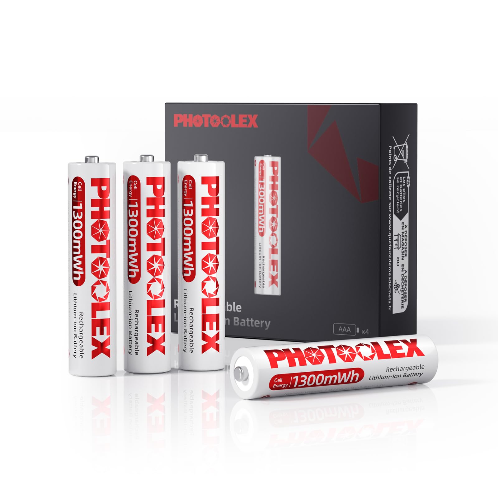 PHOTOOLEX AAA Batterie Ricaricabili da 1300mWh confezione da 4, 1,5V Pile Ricaricabili aaa al litio con Comodo Astuccio, batterie triple A al Li-ion durevoli con oltre 1600 cicli