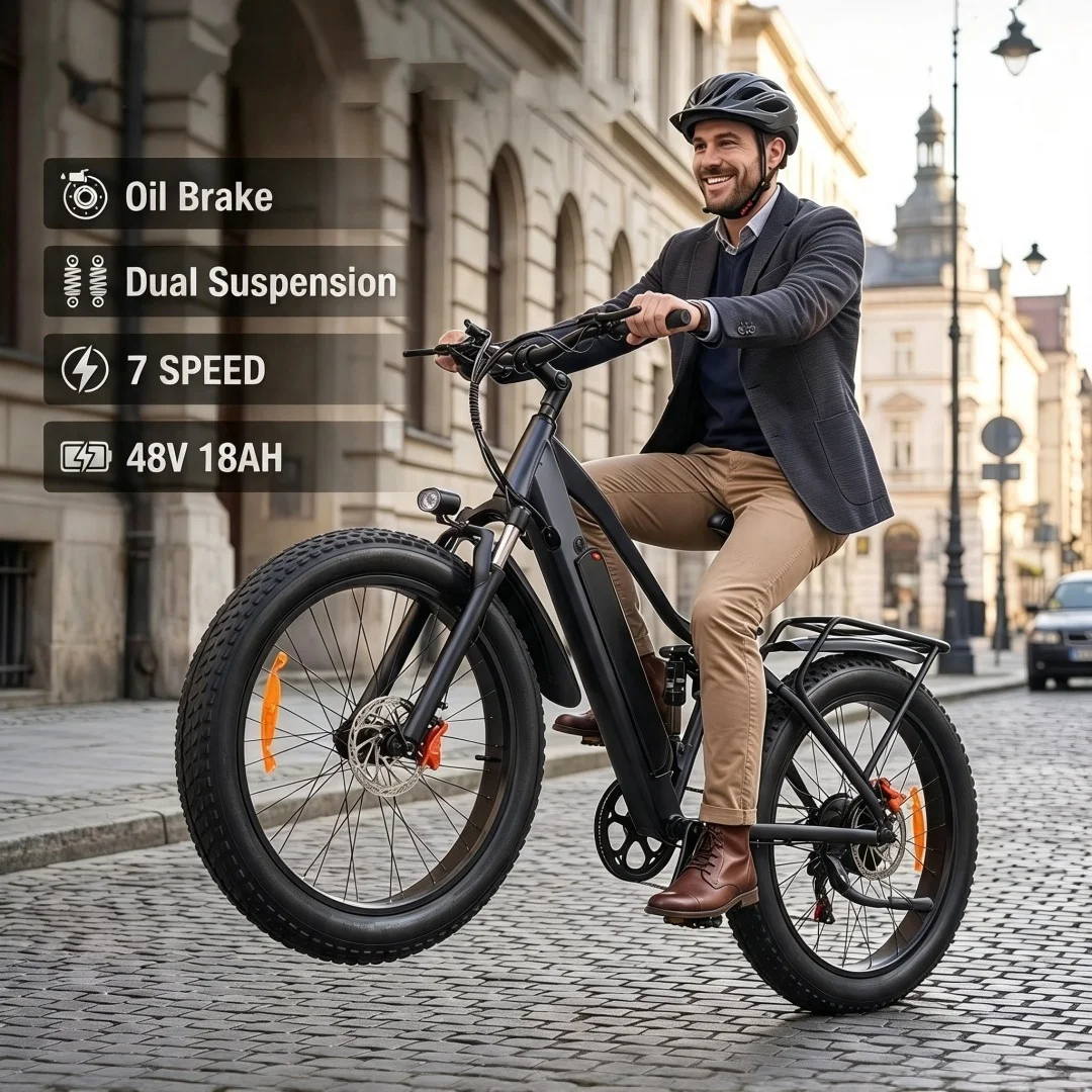 Bicicletta Elettrica 26'' per Adulti, E-Bike con Freno a Olio, Mountain Bike Elettrica 48V 18AH, Batteria, Pneumatici Fat, Doppia Sospensione, E-Bike da Città