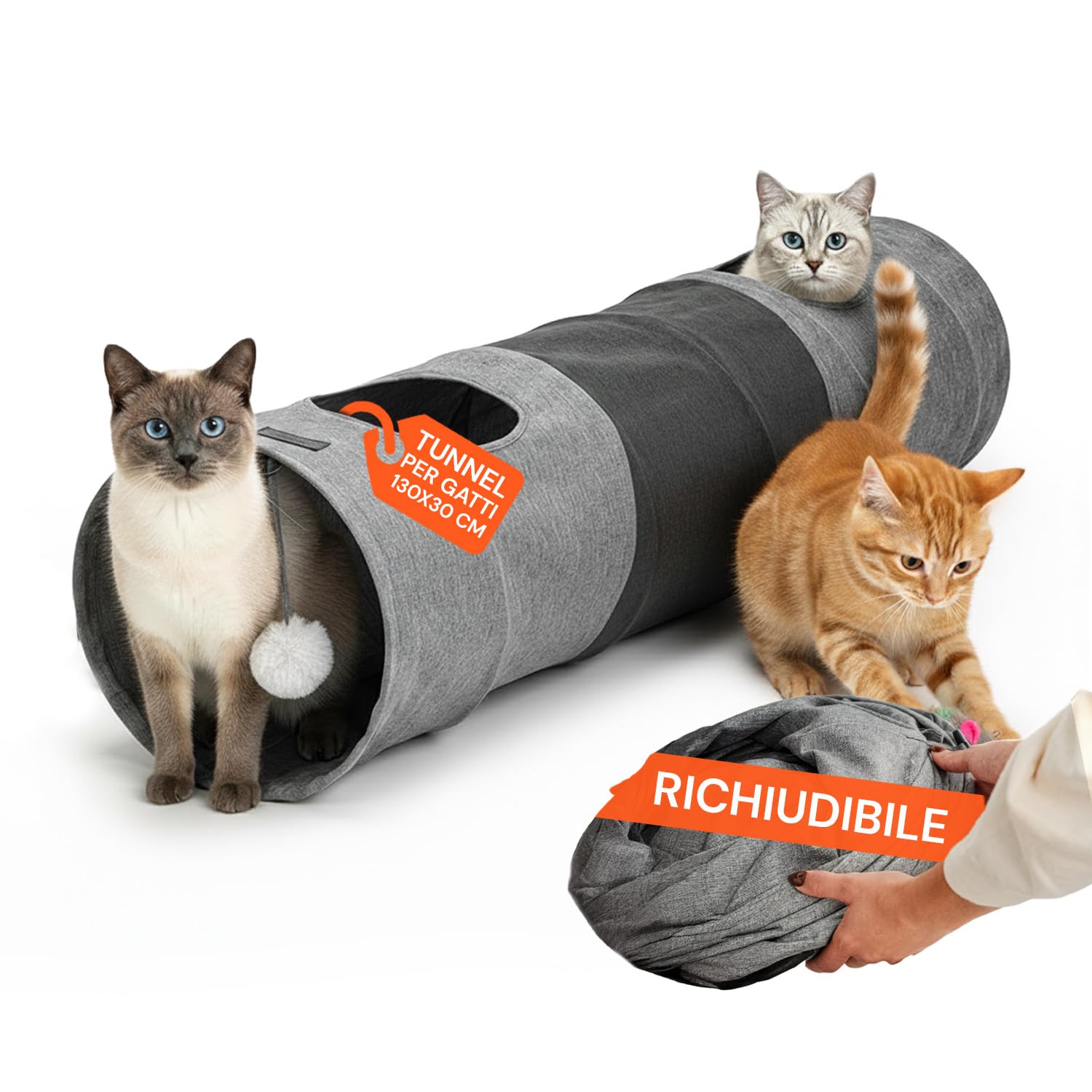 Avilia Tunnel per Gatti 30x130 cm in Lino Sintetico – Giochi per Gatti Interattivi con Pallina Pendente, Tubo per Gatti Pieghevole Anti Stress, Gioco Gatto per Gatti Piccola e Med…