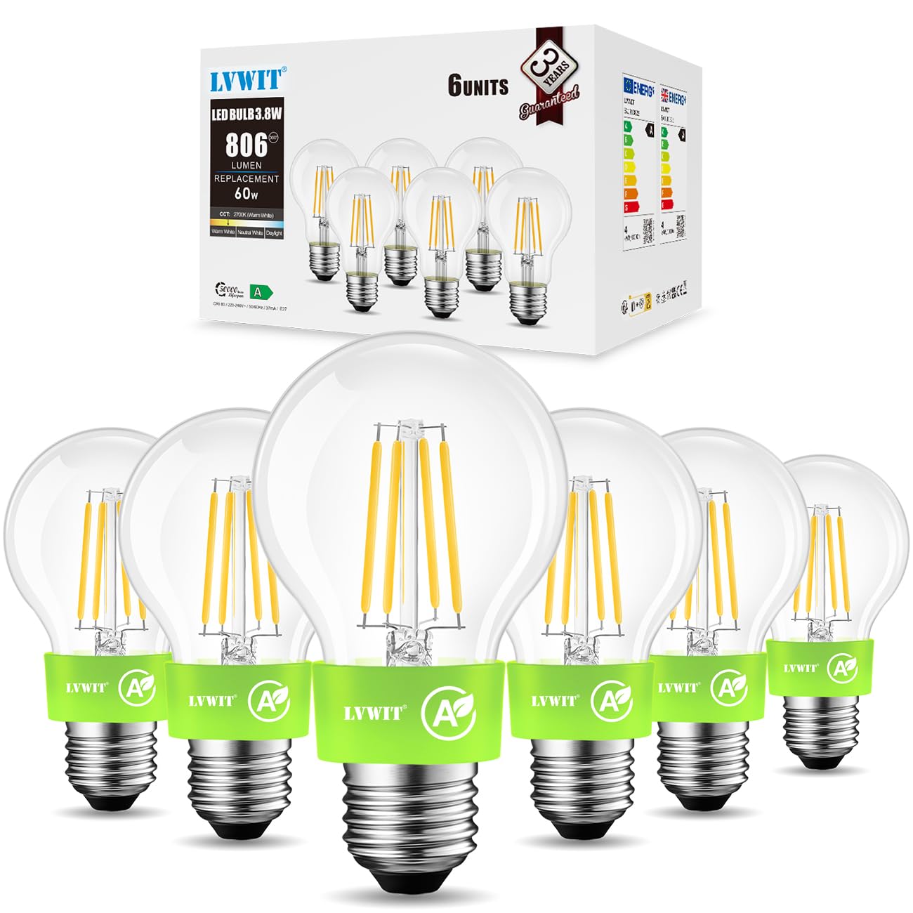 LVWIT Lampadine LED E27 Luce Calda 2700K, Lampadina 3.8W Equivalenti a 60W, 806LM, Classe A Ultra Efficiente, Lampadina LED Filamento A60 Stile Vintage Retrò, Risparmio Energetico…