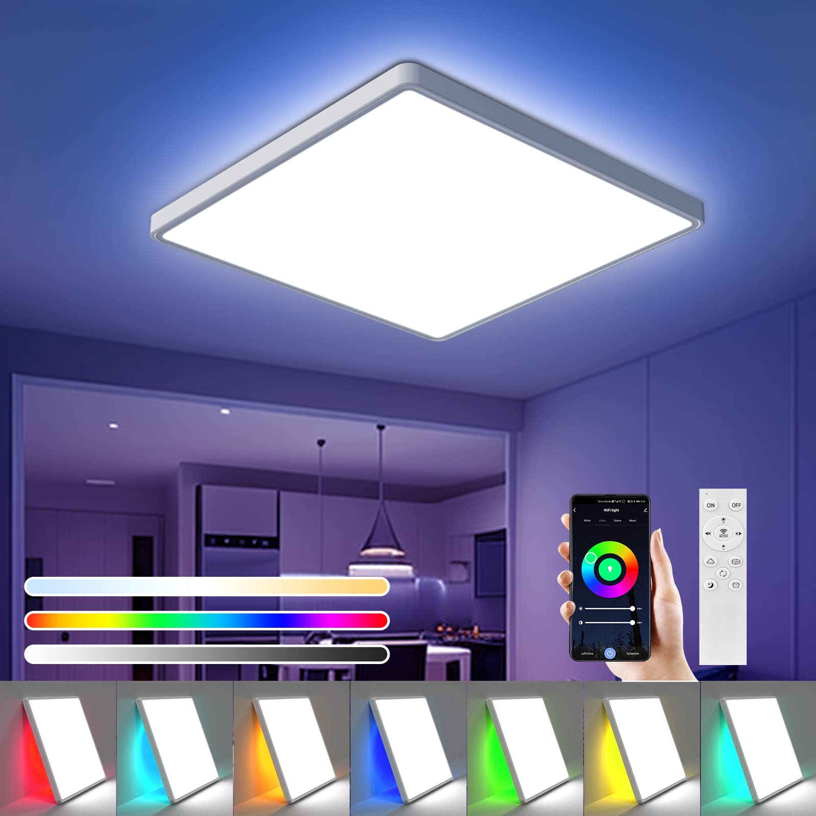 OTREN Plafoniera LED Soffitto con RGB, Lampadario Bagno Dimmerabile 36W con Telecomando, Luce Pannello per Camera da letto Cucina Soggiorno, Quadrato, Ø30CM