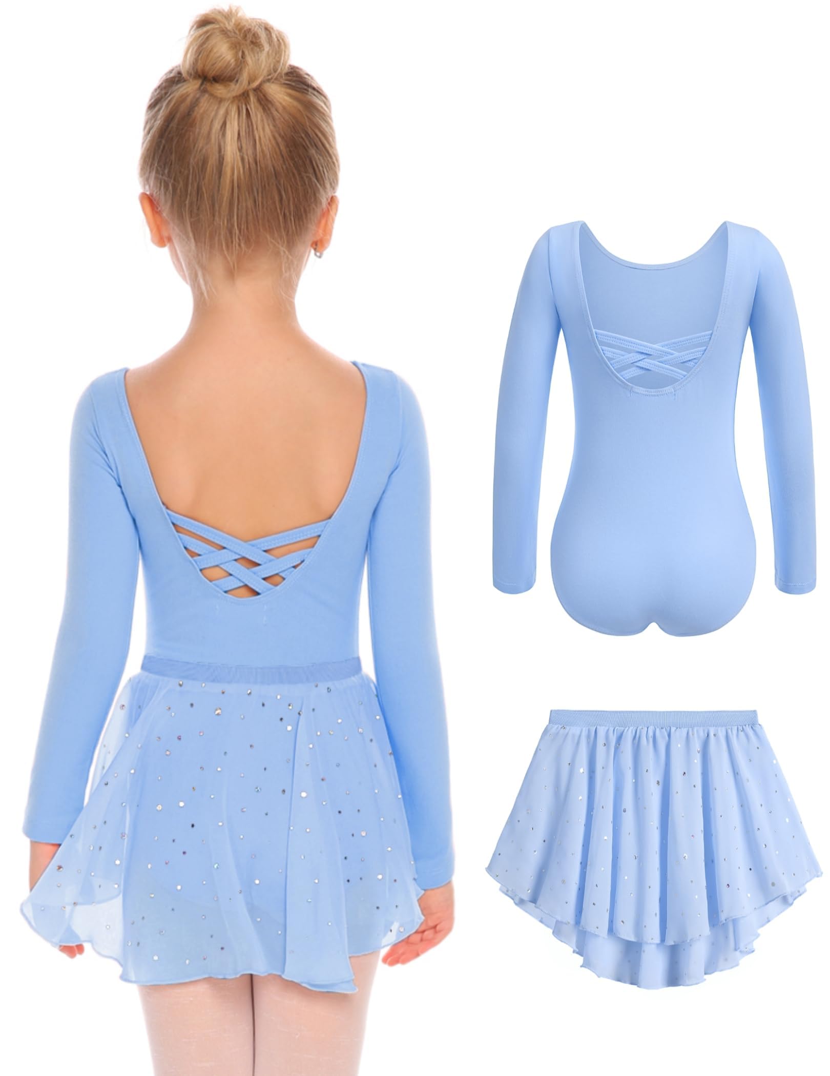 Arshiner Ballet Clothing Vestito da Ballo Senza Schienale in Cotone per Ragazze Body da Balletto Body da Ballo a Maniche Lunghe con Gonna in Chiffon Irregolare Tutu Body da Ballo…