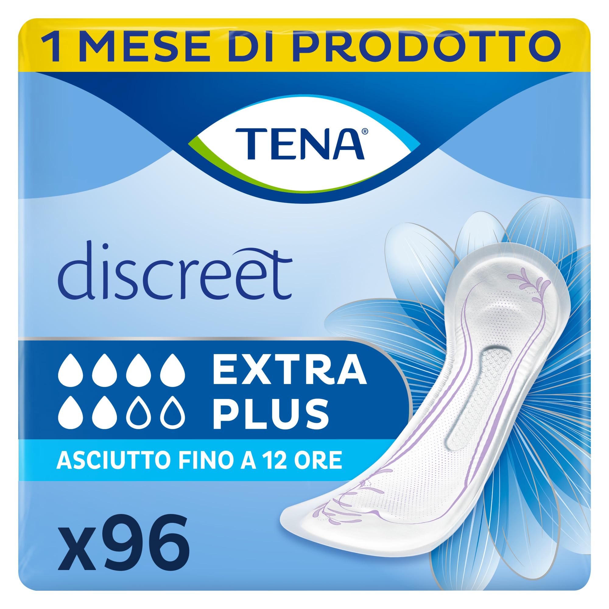TENA Discreet Extra Plus InstaDry Assorbenti Femminili, 96 Pezzi | Discreti e Confortevoli, Pacco Scorta Mensile, 6 Confezioni da 16 Pezzi, Per Perdite Urinarie