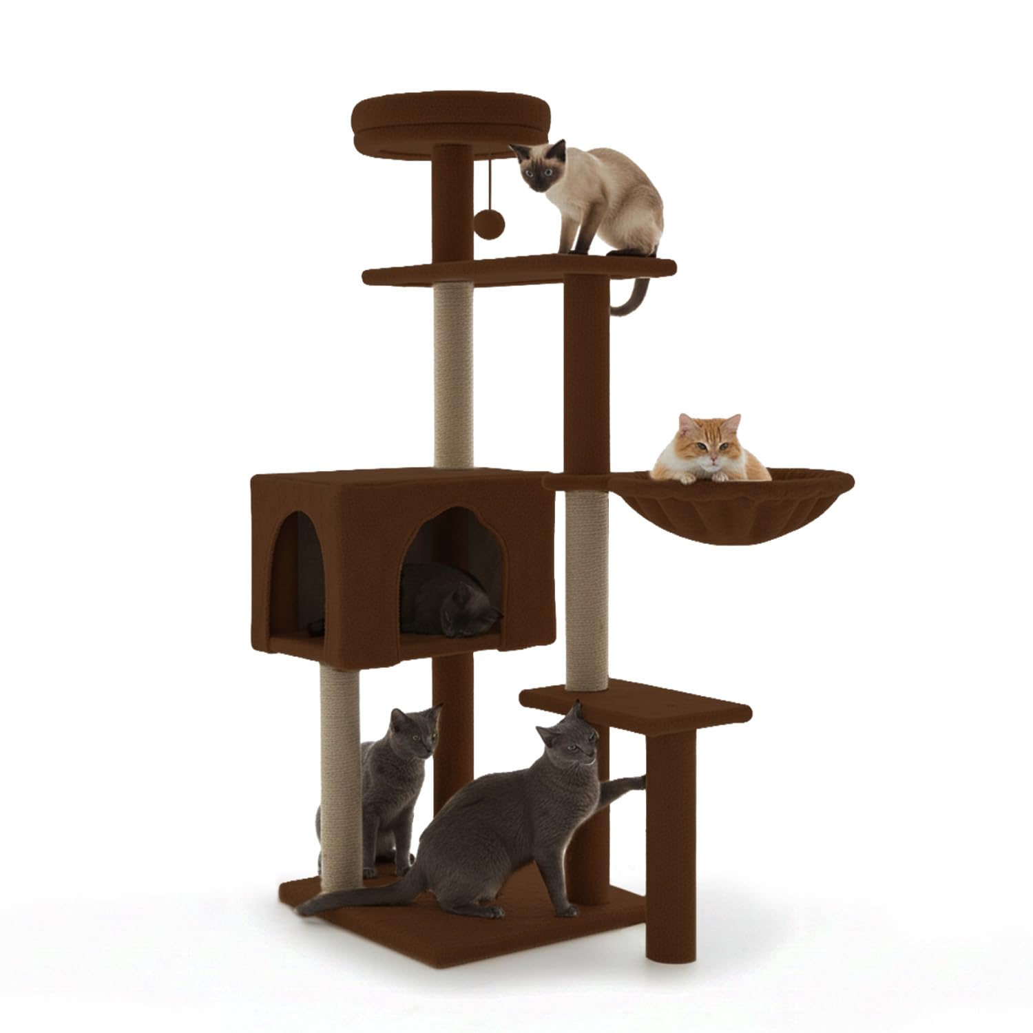 Avilia - Tiragraffi per Gatti Adulti 120 Cm Multilivello con Cuccia Chiusa e Amaca Laterale, Struttura con Colonne in Sisal e Giochi Pendente, Ideale per Uso Quotidiano in Casa (M…