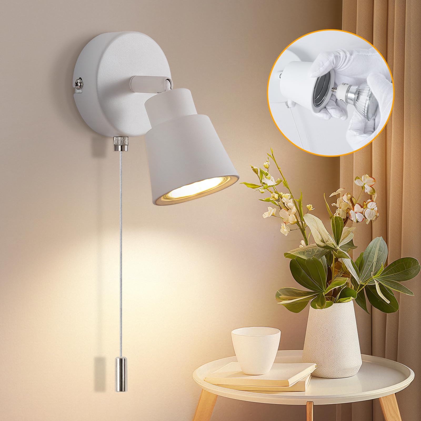 TaFiCo Lampada da Parete con Interruttore a Tirante GU10 Interni, Bianco | Lampada da Parete per Interni, Applique da Parete con Interruttore per Camera da Letto Soggiorno Cucina,…