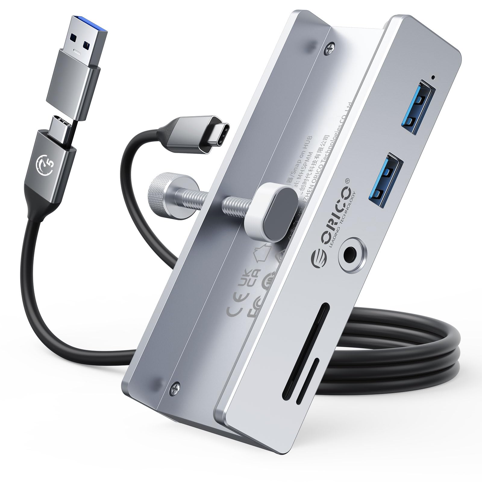 ORICO Hub USB 3.0, Hub USB a pinza con lettore di schede SD/TF, Splitter USB con 2 porte USB-A 3.0, audio da 3,5 mm, 5 Gbps, collegamento alimentazione 5V, per monitor, desktop