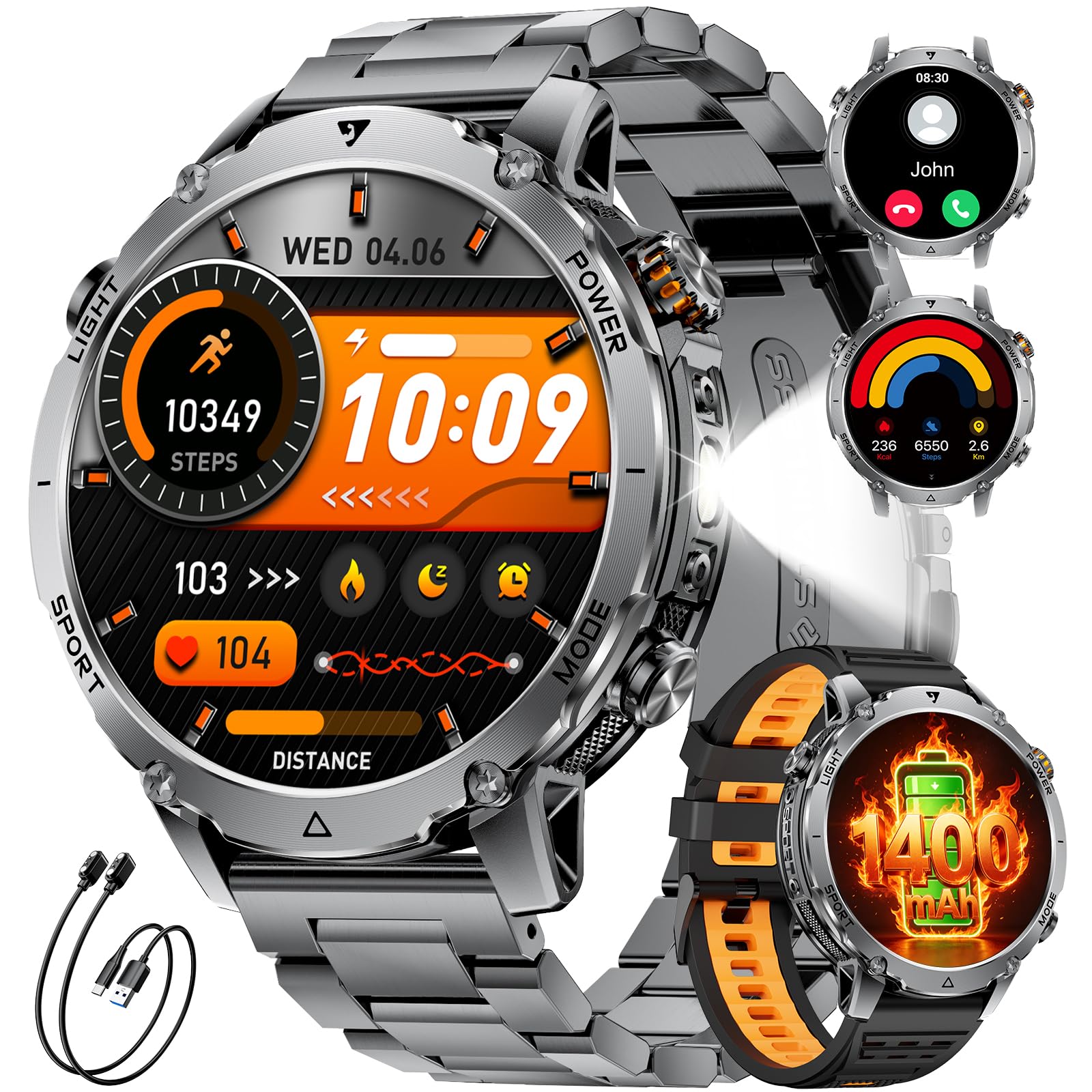 1400mAh Batteria Smartwatch Uomo, 1.7'' Militare Smartwatch con Chiamata Bluetooth,100+ Modalità Sportive,IP68 Orologio Fitness,Cardiofrequenzimetro/Sonno,Torcia LED Orologio per…